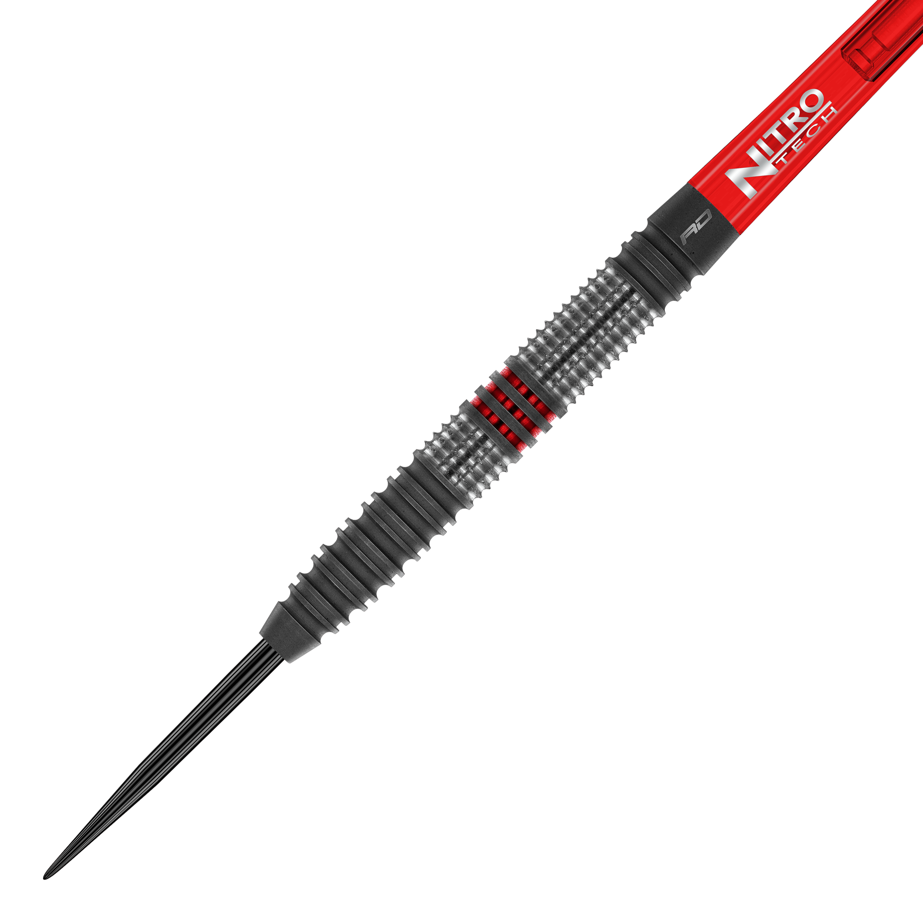 Ocelové šipky Red Dragon Jonny Clayton Hiraeth Das Bild zeigt einen Steeldart namens "Red Dragon Jonny Clayton Hiraeth". Der Dart hat ein geriffeltes Griffstück mit schwarzen und roten Akzenten sowie einen roten Schaft mit der Aufschrift "Nitro Tech".