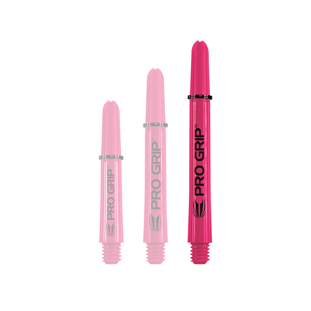 Target Pro Grip Shafts - 3 sady - Pink Das Bild zeigt drei pinke Pro Grip Shafts in verschiedenen Längen. Sie stehen nebeneinander und haben die Aufschrift "PRO GRIP".