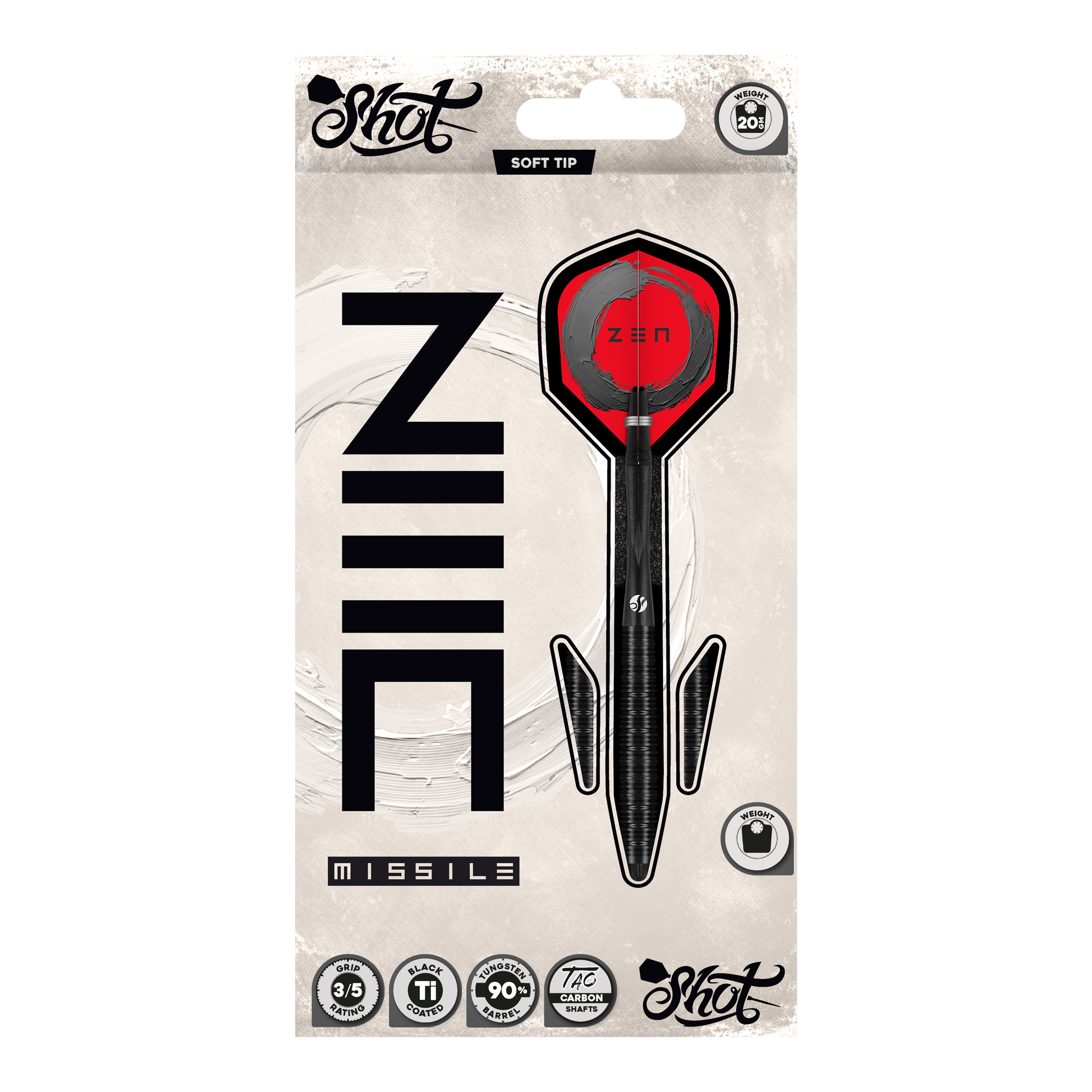 Měkké šipky Shot ZEN Missile - 20g Dies ist ein Bild von den Shot ZEN Missile Softdarts - 20g. Die Softdarts sind für das Dartspiel geeignet und zeigen ein modernes Design.