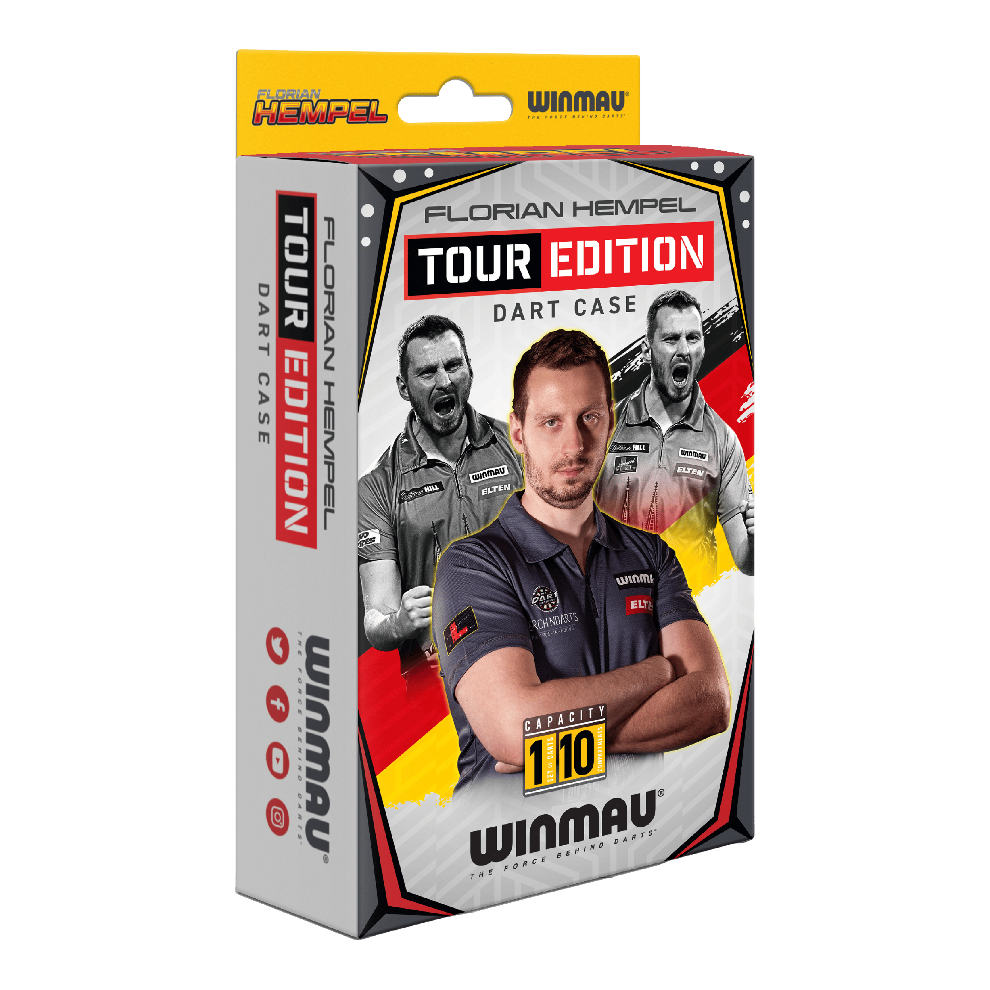 Pouzdro na šipky Winmau Florian Hempel Tour Edition Die Verpackung zeigt das Produkt "Winmau Florian Hempel Tour Edition Dartcase". Auf der Vorderseite sind Bilder von Florian Hempel und der Hinweis auf eine Kapazität von 110 Darts abgebildet.