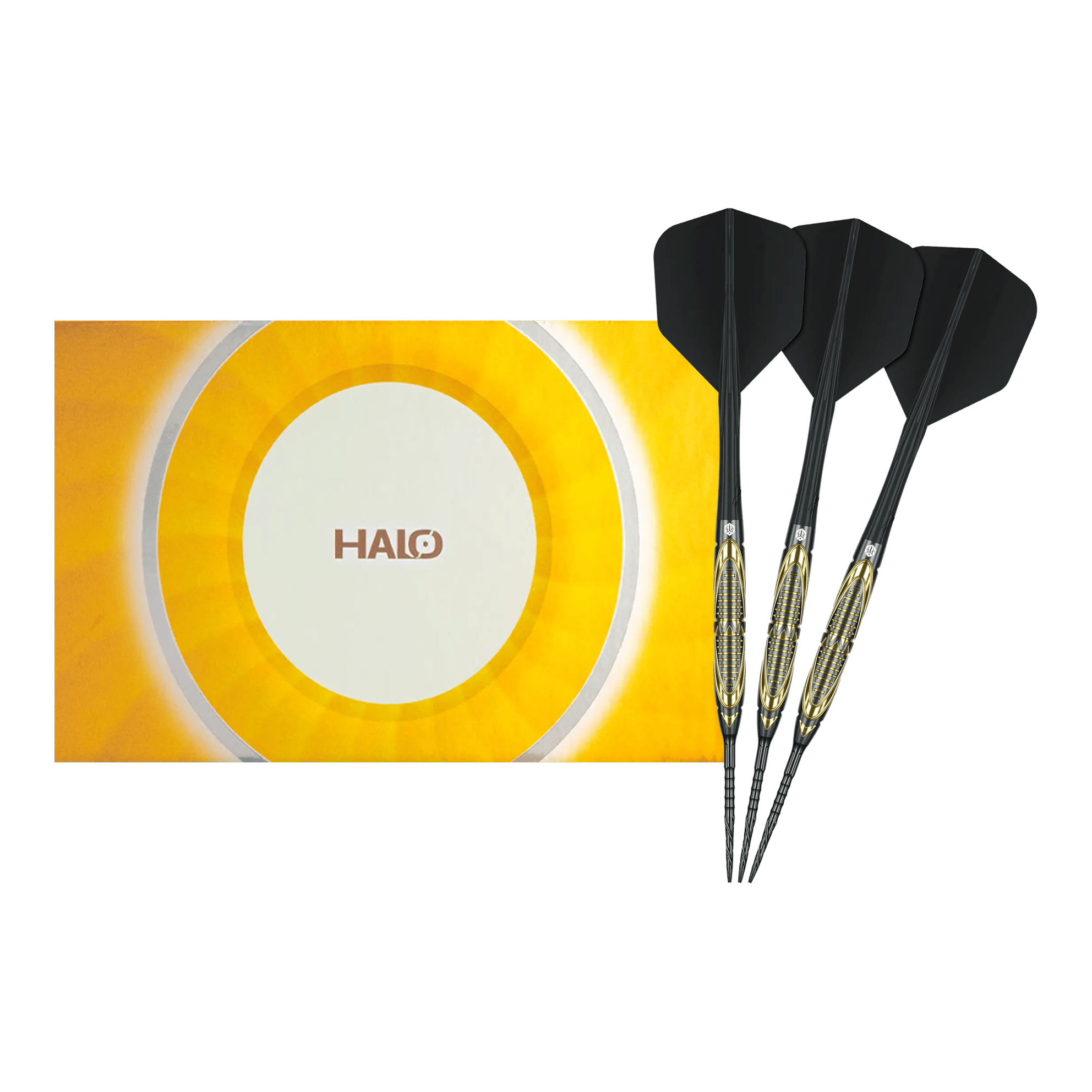 Ocelové šipky Caliburn Halo H2 - 22,5 g Das Bild zeigt die Caliburn Halo H2 Steeldarts mit einem Gewicht von 22,5g in voller Länge. Die Steeldarts sind besonders langlebig und robust.