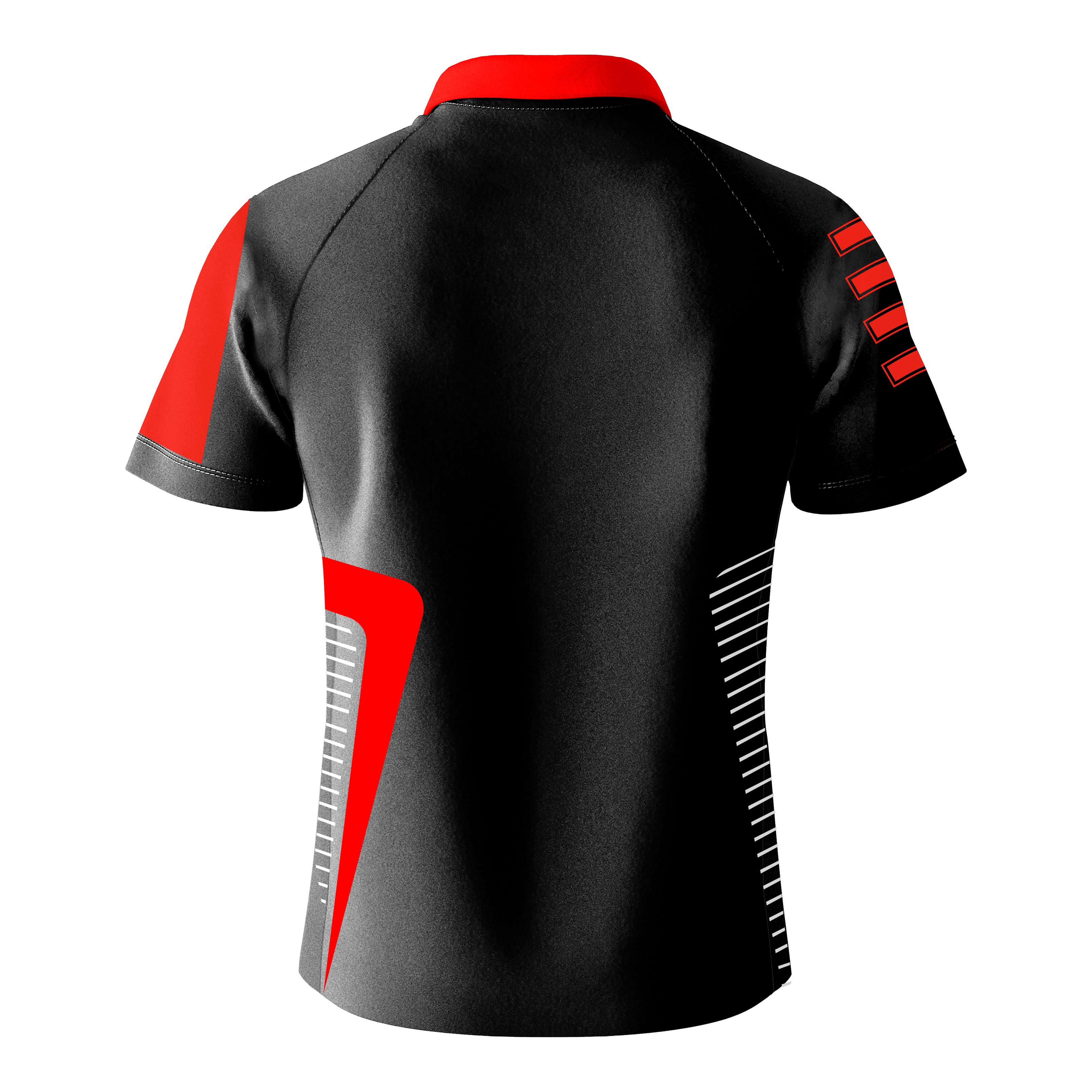 Košile Bulls Team Dart - červená Das Bild zeigt das Bulls Team Dartshirt in Rot von hinten. Das Shirt ist hauptsächlich schwarz mit roten und weißen Designelementen auf den Ärmeln und an den Seiten.