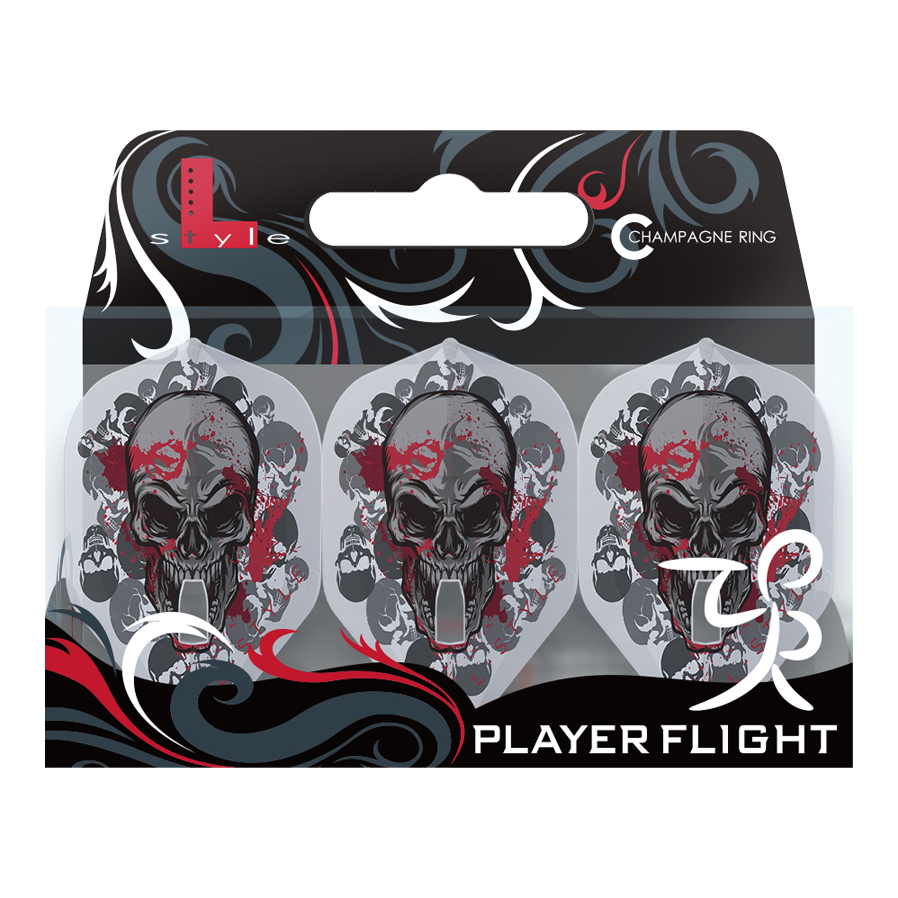 L-Style Ryan Searle V2 Clear White Signature Champagne L1PRO Flights Das Bild zeigt eine Verpackung mit drei klar weißen Dartflights, die jeweils mit einem auffälligen Totenkopf-Design bedruckt sind. Die Verpackung trägt die Aufschrift "Player Flight" und gehört zur L-Style Signature-Serie von Ryan Searle.