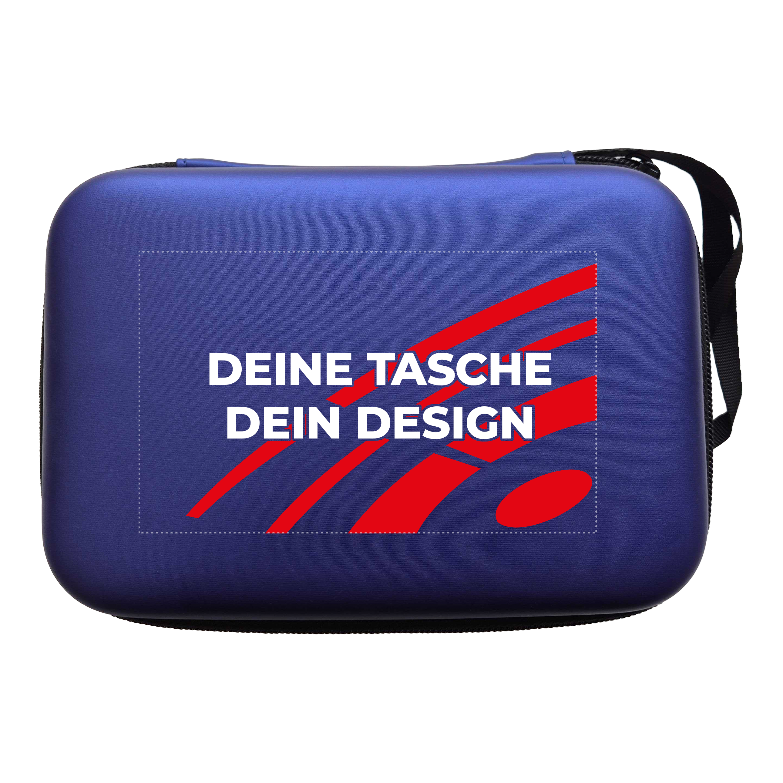 Pouzdro na šipky System-4 s vaším designem Hier ist ein McDart System4 Dartcase in Blau Metallic zu sehen. Das Etui liegt geöffnet auf einer glänzenden Oberfläche.