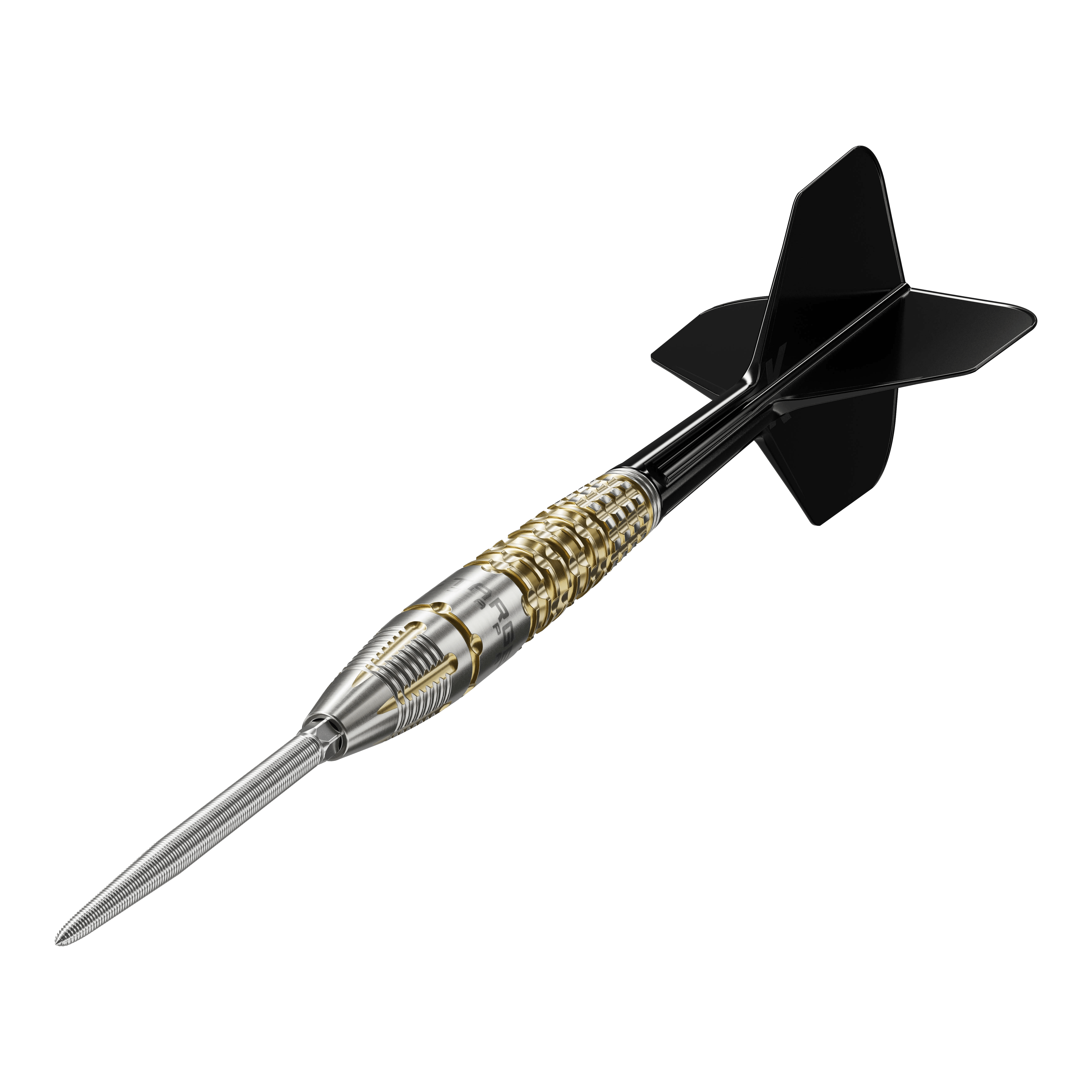 Šipky Target Black Marque Warrior Swiss Point Steel Das Bild zeigt einen Target Black Marque Warrior Swiss Point Steeldart. Der Dart hat eine silberne Spitze, einen gold-silbernen Griff und schwarze Flights.