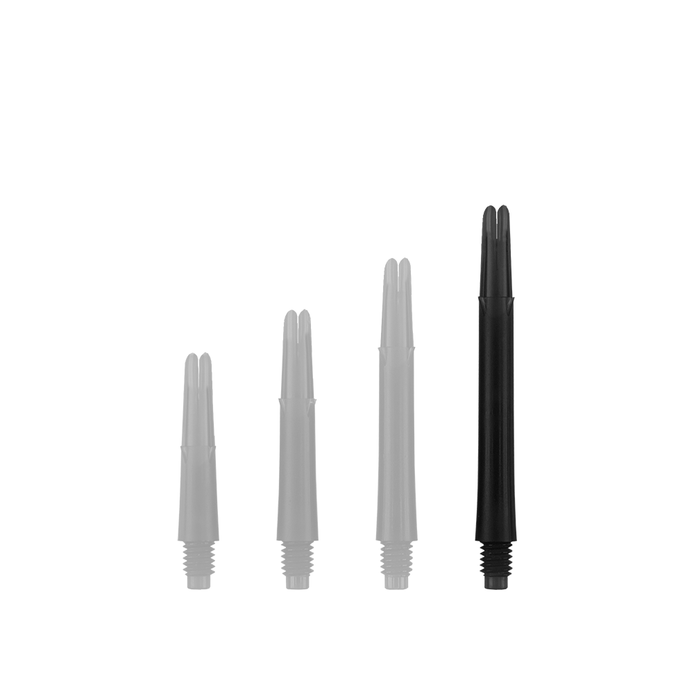 L-L-Style-Shafts Locked Straight - Black Auf dem Bild sind vier schwarze Dartschäfte in unterschiedlichen Längen zu sehen. Sie stehen nebeneinander aufrecht auf weißem Hintergrund.
