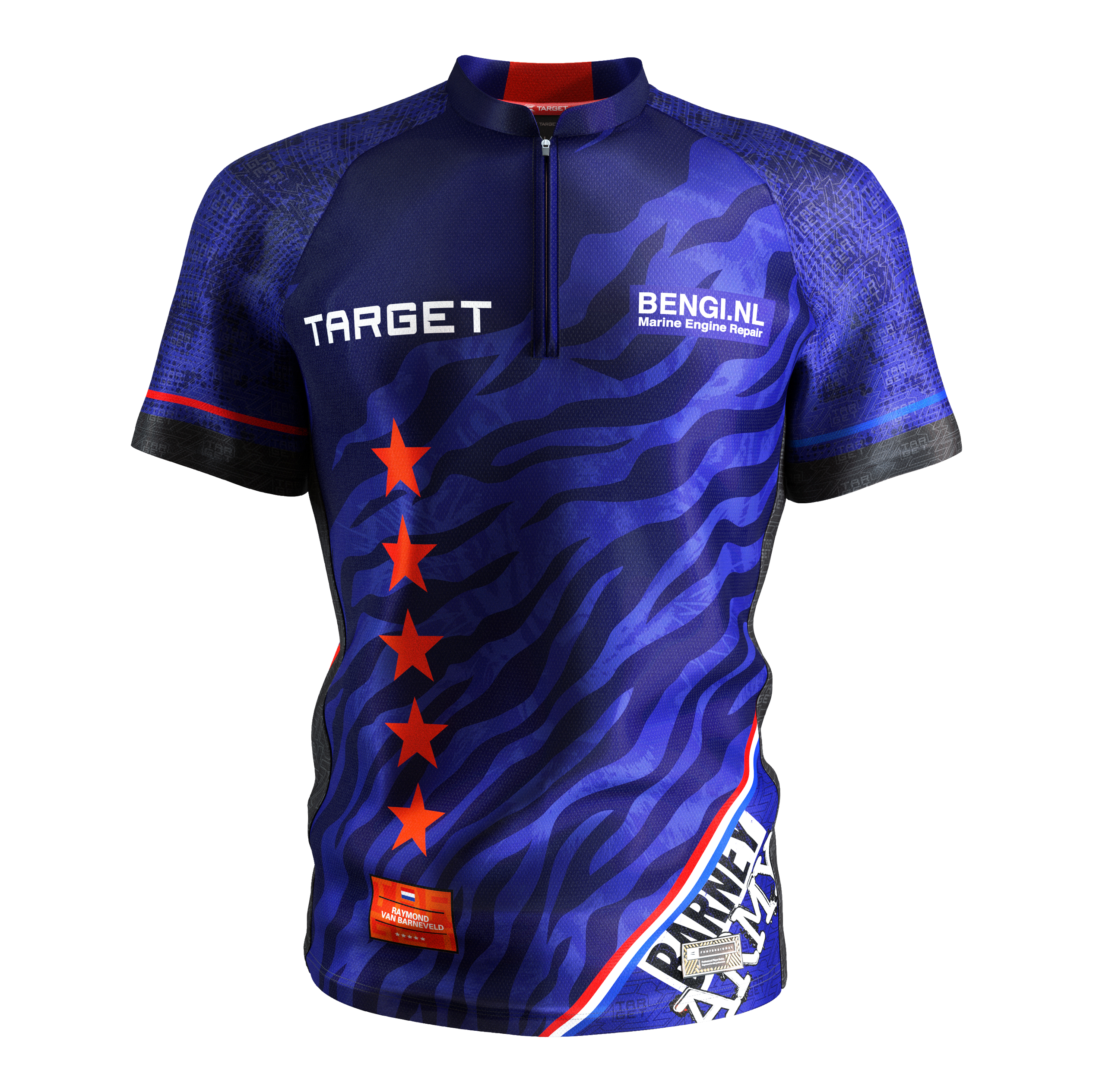 Das Bild zeigt das Produkt "Target Coolplay Raymond Van Barneveld 2025 Dartshirt". Das Dartshirt ist hauptsächlich blau mit roten Sternen und weißen Schriftzügen.