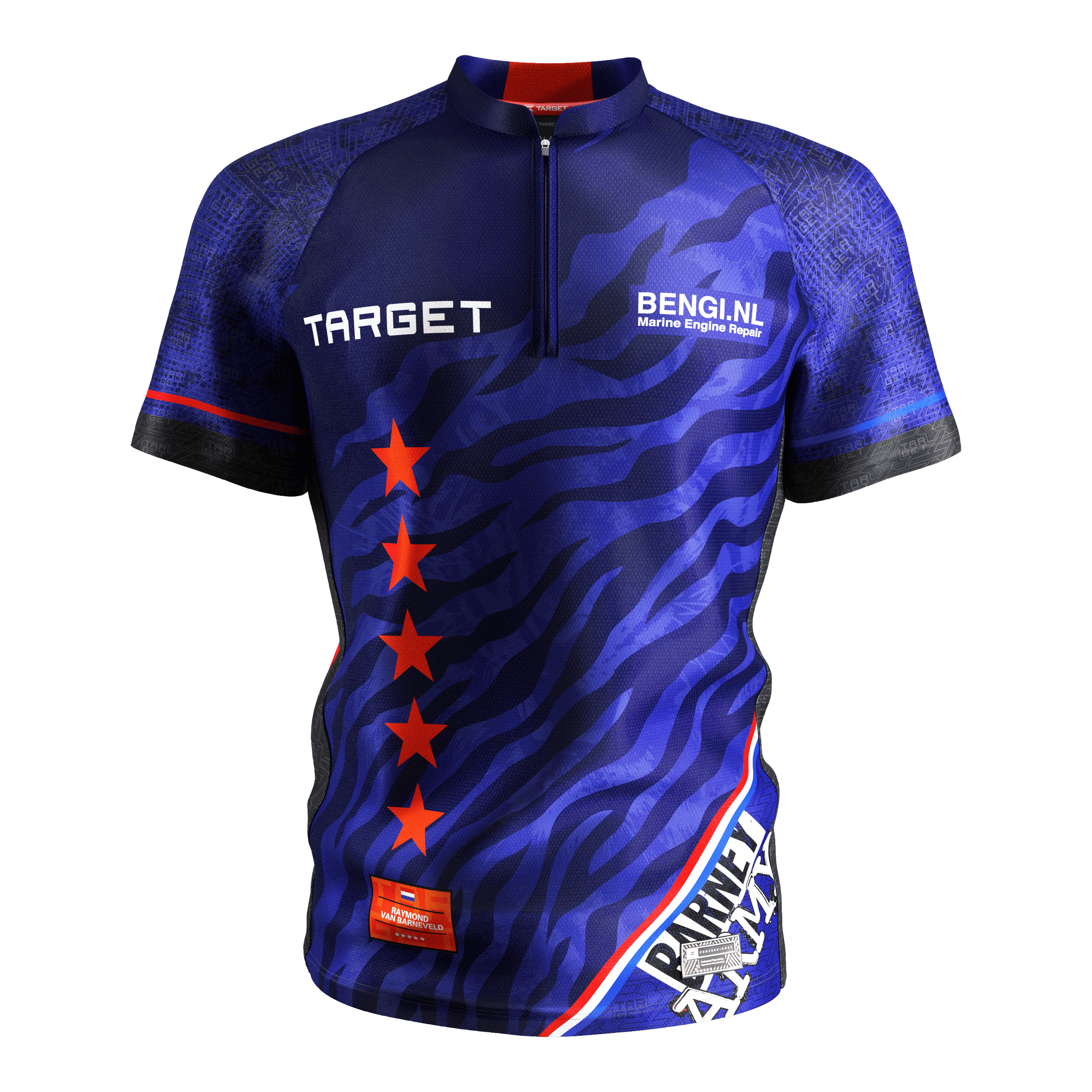 Šipková košile Target Coolplay Raymond Van Barneveld 2025 Das Bild zeigt das Produkt "Target Coolplay Raymond Van Barneveld 2025 Dartshirt". Das Dartshirt ist hauptsächlich blau mit roten Sternen und weißen Schriftzügen.