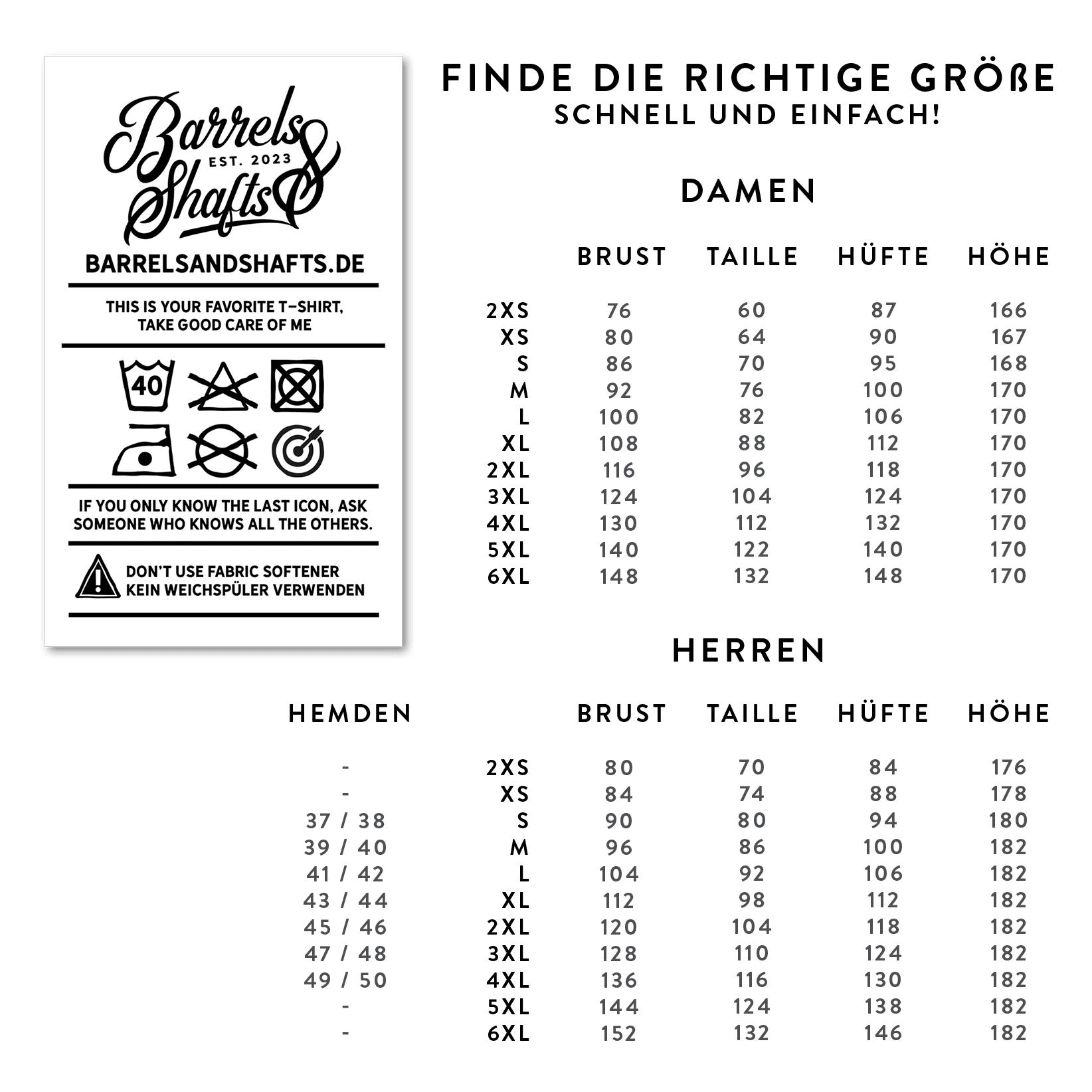 Dámská mikina s kapucí Barrels and Shafts – bílá Das Bild zeigt eine Größentabelle für den Barrels and Shafts Damen Hoodie in Weiß. Es enthält Maße für Brust, Taille, Hüfte und Höhe sowie Pflegehinweise für das Produkt.