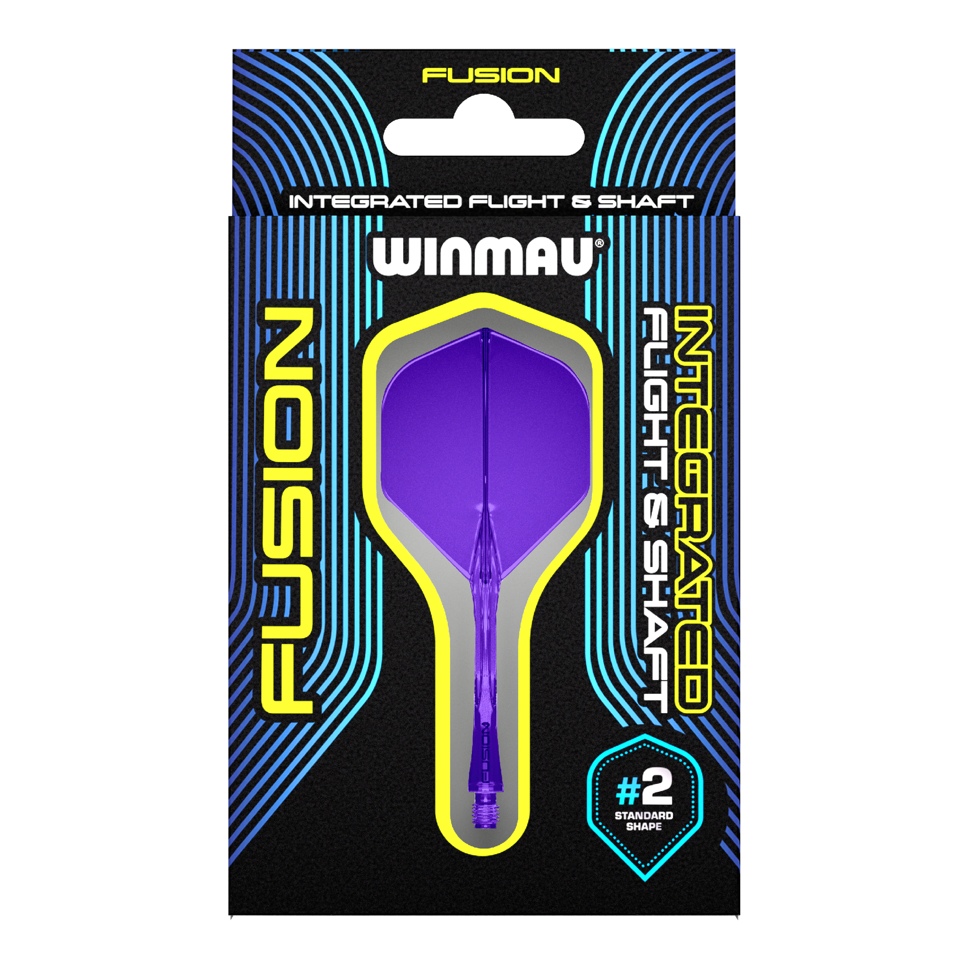 Systém letky Winmau Fusion Standard Purple Auf dem Bild ist eine Verpackung mit einem lila Dart-Flug- und Schaftsystem der Marke Winmau zu sehen. Die Verpackung trägt die Aufschrift "Fusion Integrated Flight & Shaft" und hebt die Standardform #2 hervor.