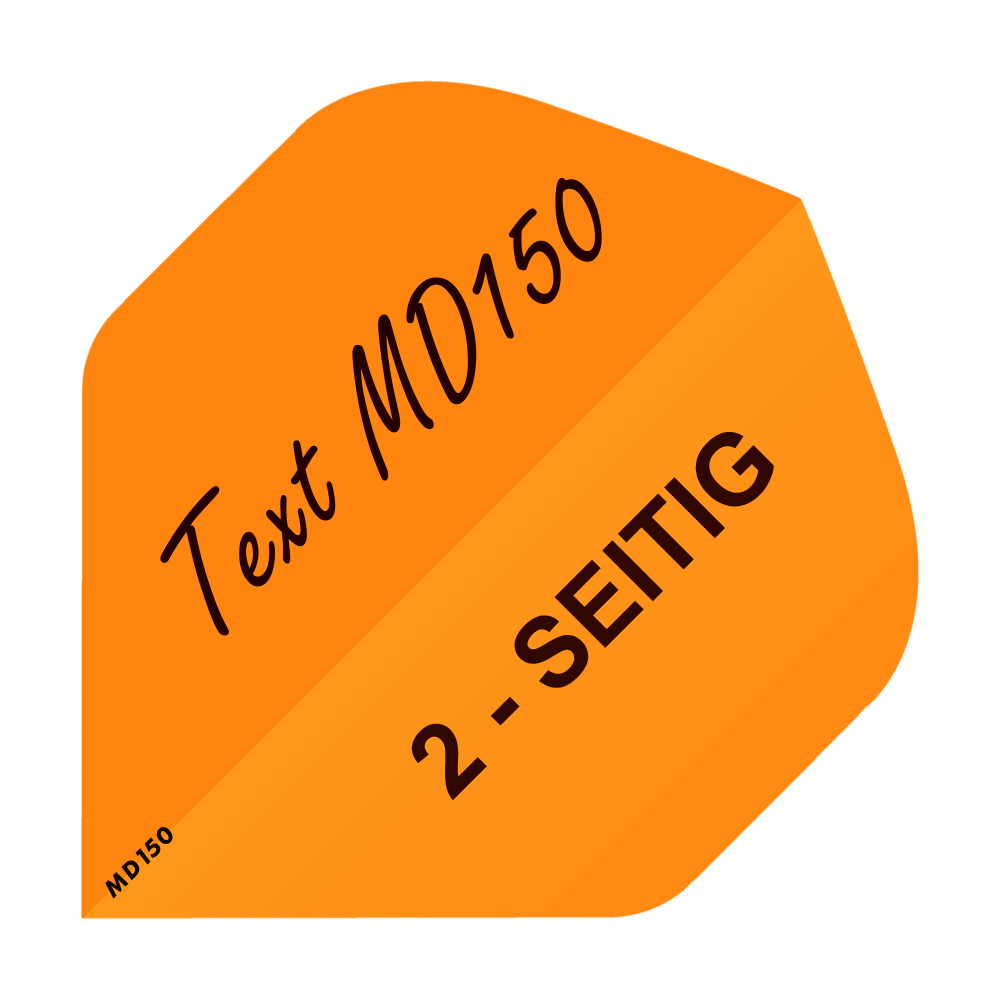 MD-204_2-Seitig_Bedruckte_Flights_Wunschtext_MD150_Neonorange_Standard_1 Das Bild zeigt einen orangefarbenen, bedruckten Dartflight mit der Aufschrift "Text MD150" und "2-SEITIG". Der Flight ist Teil des Produkts "10 Satz Bedruckte Flights 2-Seitig - Wunschtext - MD150 Standard".