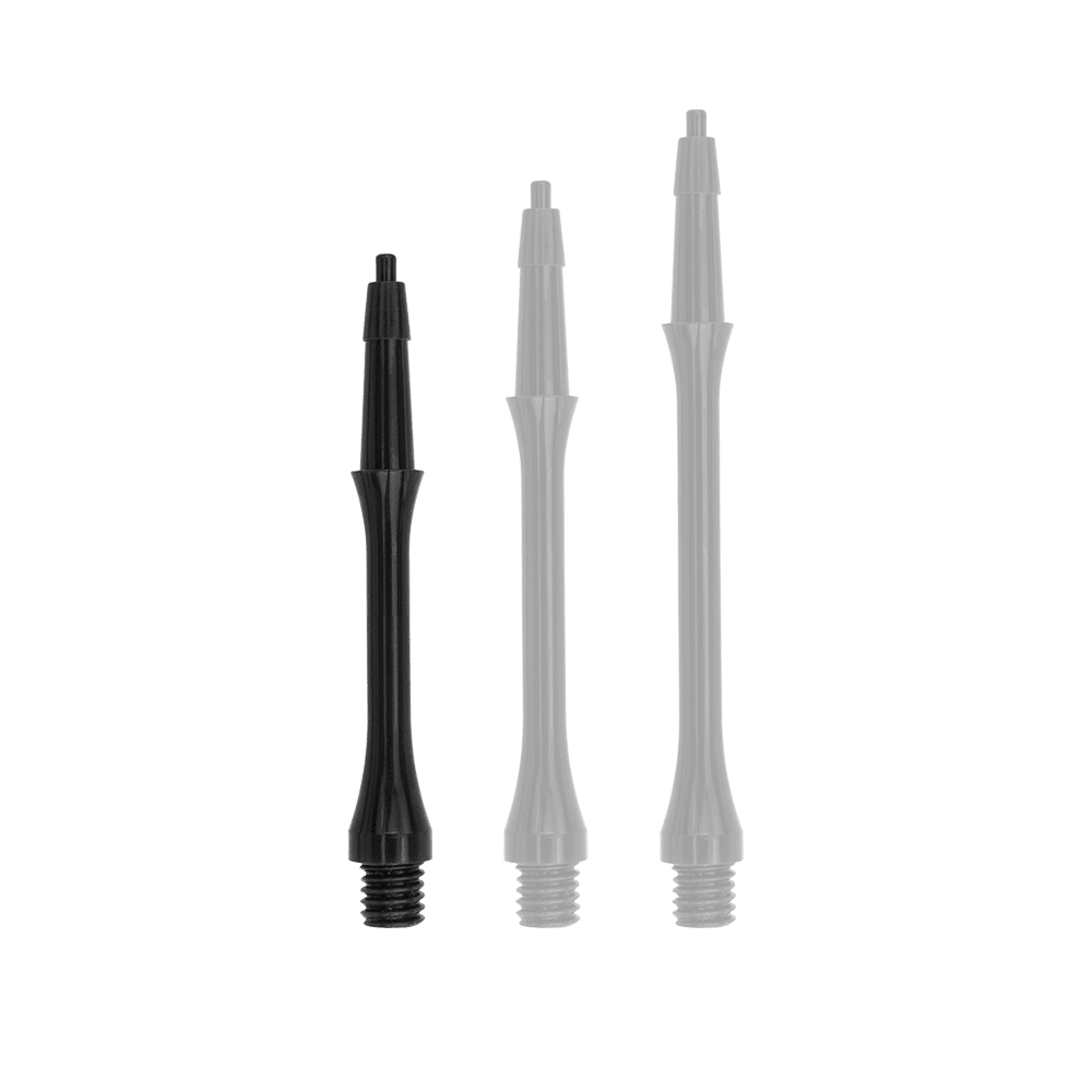 HRC-12602_Harrows_Clic_Slim_Shafts_Black_23mm_1 Das Bild zeigt drei schwarze Harrows Clic Slim Shafts für Dartpfeile. Sie sind in verschiedenen Längen angeordnet und haben ein schlankes Design.