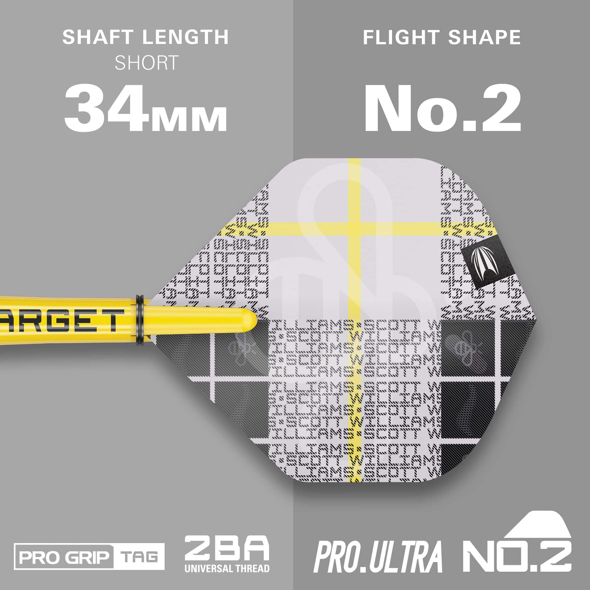 Měkké šipky Target Scott Williams GEN2 - 18g Das Bild zeigt das Produkt "Target Scott Williams GEN2 Softdarts - 18g" mit einem kurzen Schaft von 34 mm. Die Flight-Form ist No. 2 und das Design ist in Gelb, Weiß und Schwarz gehalten.