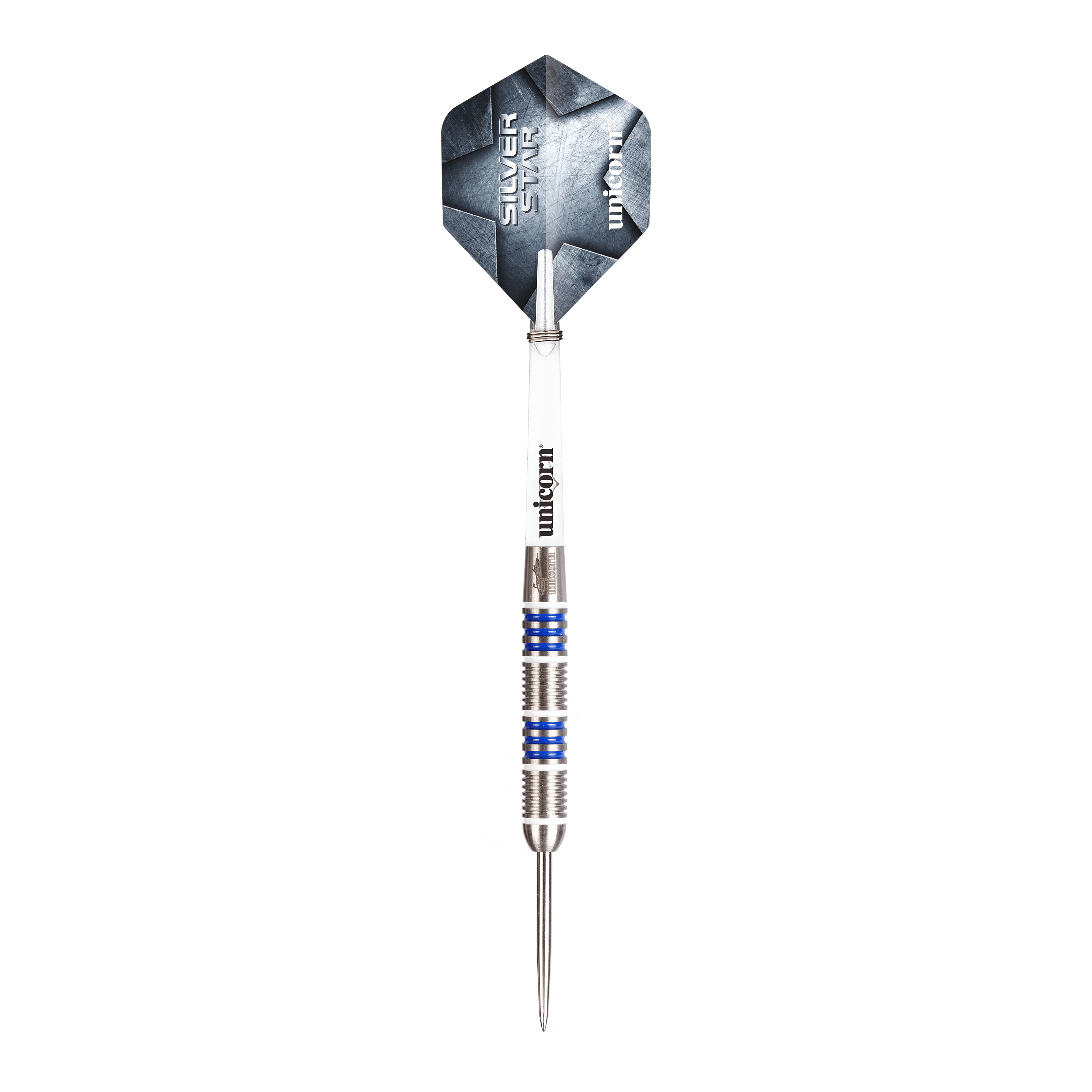 Ocelové šipky Unicorn Silver Star Var. 4 Gary Anderson Dieses Bild zeigt Unicorn Silver Star Var.4 Gary Anderson Steeldarts. Die Darts liegen nebeneinander auf einer weißen Fläche.