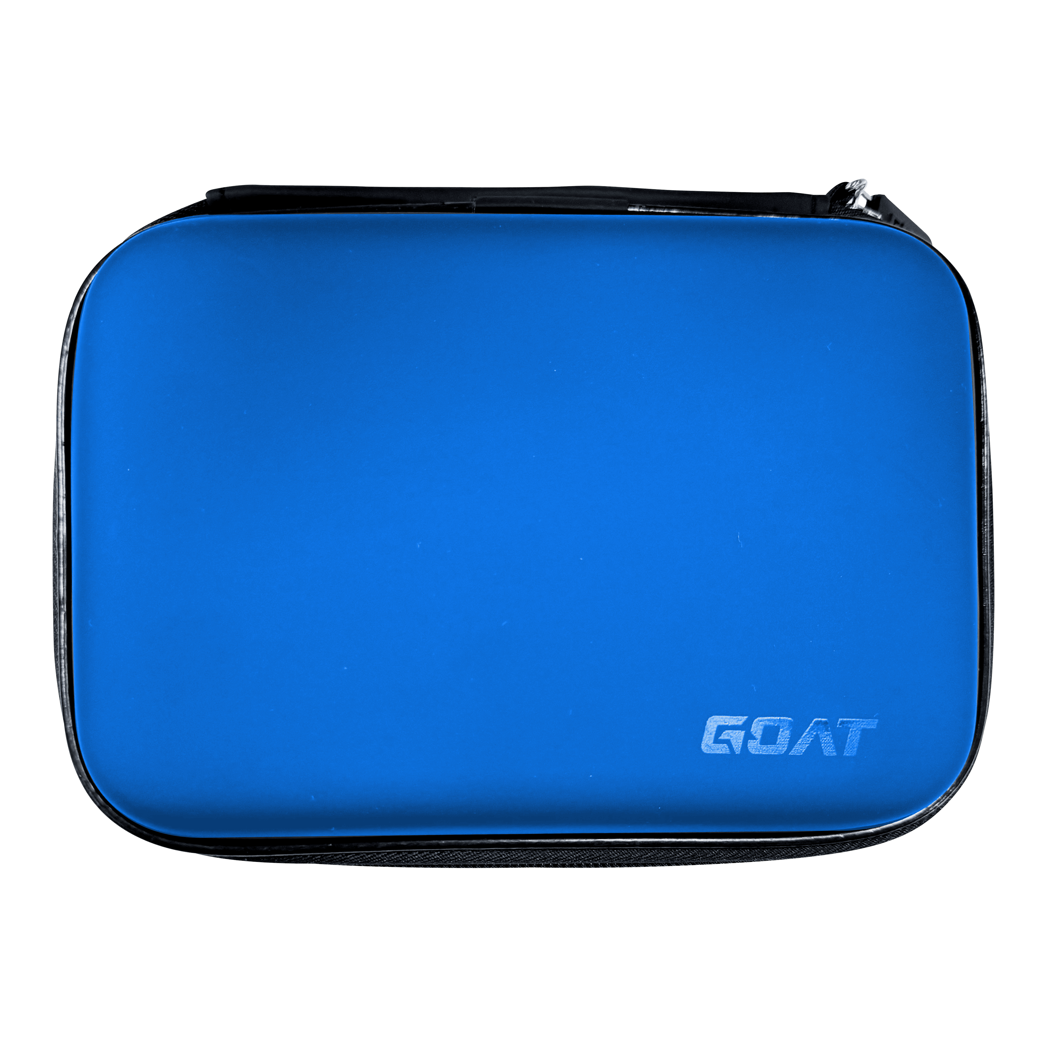 Das Bild zeigt ein rechteckiges, blaues Etui mit Reißverschluss. In der unteren rechten Ecke steht das Wort "GOAT".
