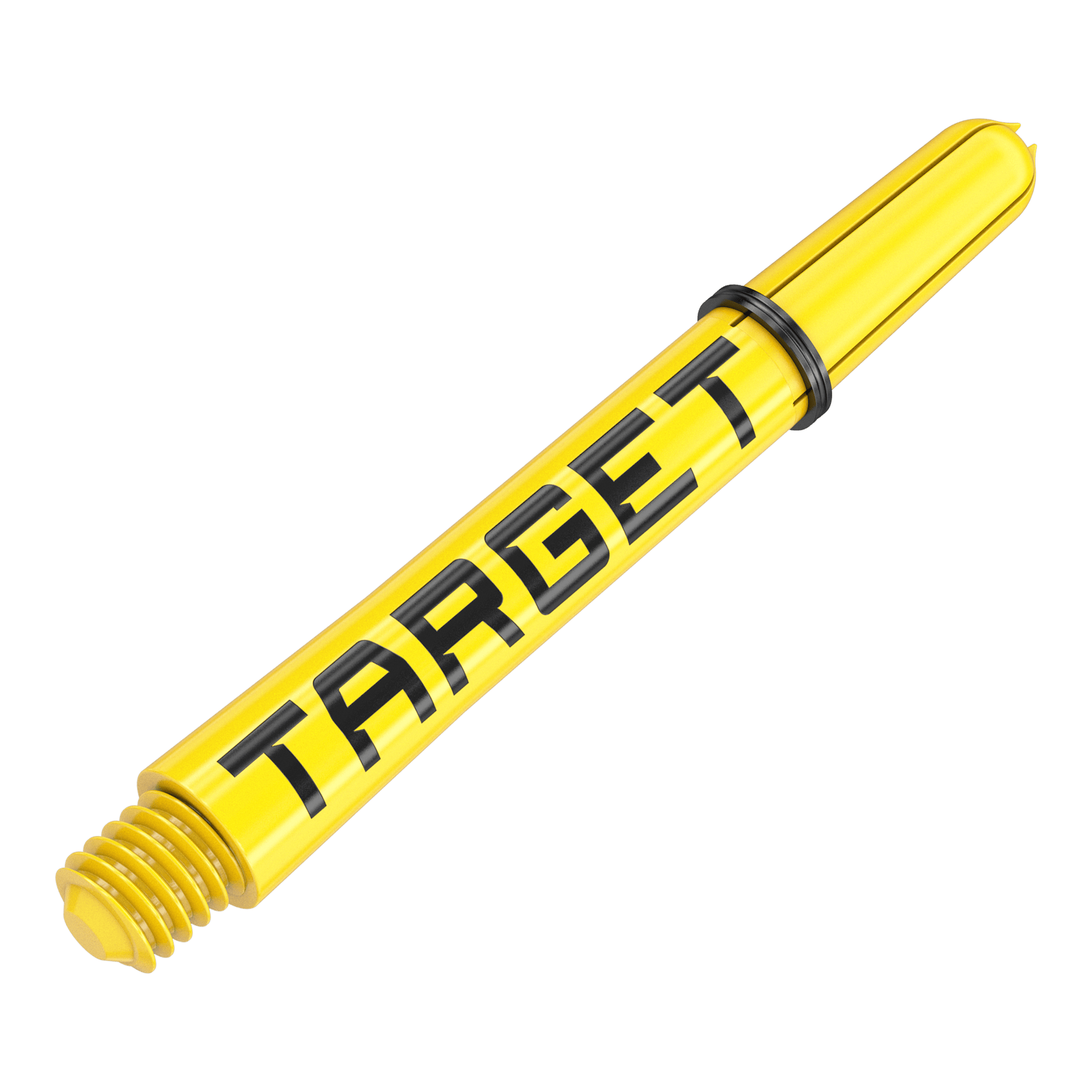 Násadky Target Pro Grip TAG - 3 sady - žluté Dies ist ein gelber Dart-Schaft mit dem Schriftzug "TARGET". Der Schaft hat ein schwarzes Gummiband und ein Schraubgewinde am Ende.