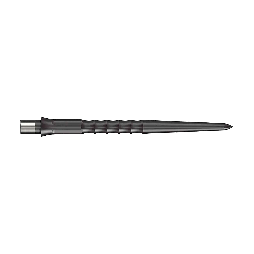 Auf dem Bild ist eine schwarze Stahlspitze für ein Dart zu sehen. Die Spitze hat eine geriffelte Struktur und ist 32 mm lang.