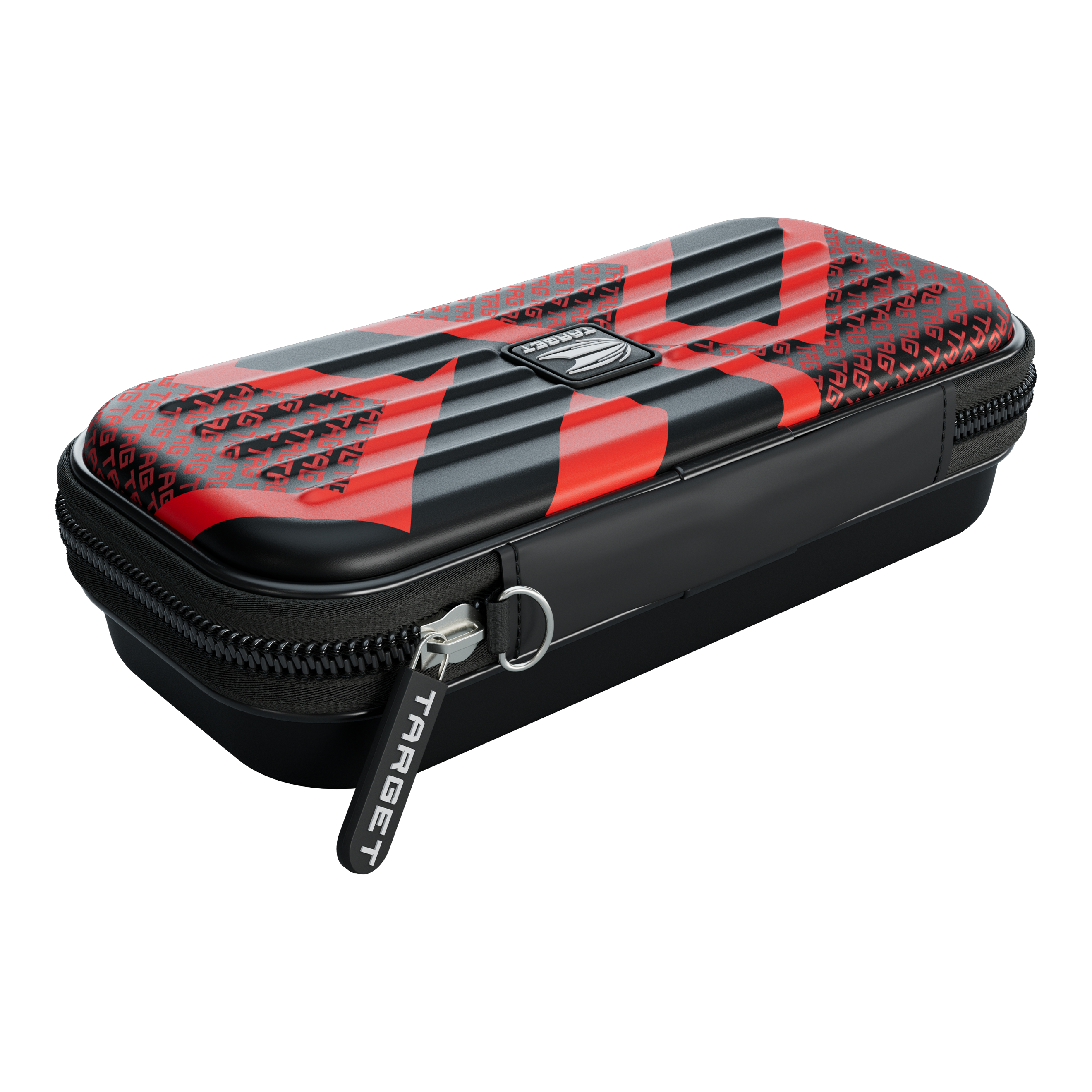 Das Bild zeigt ein rechteckiges Etui mit einem Reißverschluss. Das Etui ist schwarz mit roten Mustern und der Aufschrift "TARGET" auf dem Reißverschluss.