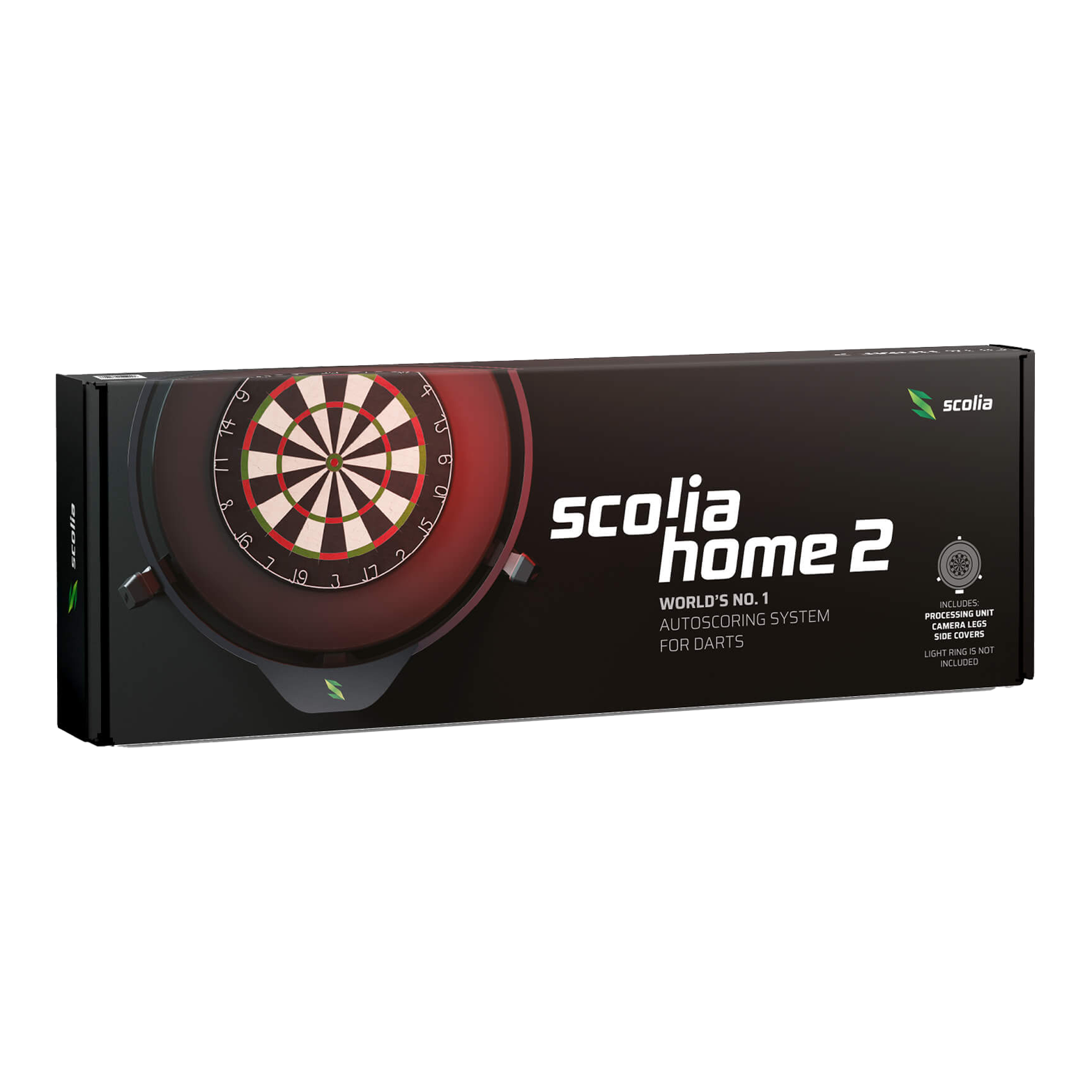 Die Abbildung zeigt die Verpackung des Produkts "Scolia Home 2 Electronic Score System". Es handelt sich um ein automatisches Punktezählsystem für Darts.