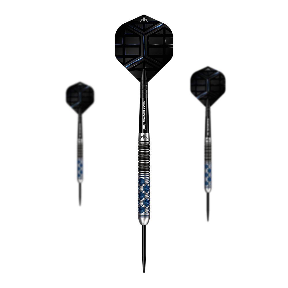 Mission Hexon Steeldarts - 23g Das Bild zeigt drei Mission Hexon Steeldarts mit einem Gewicht von 23g. Die Darts haben schwarze Flights und auffällige silber-blaue Griffe.