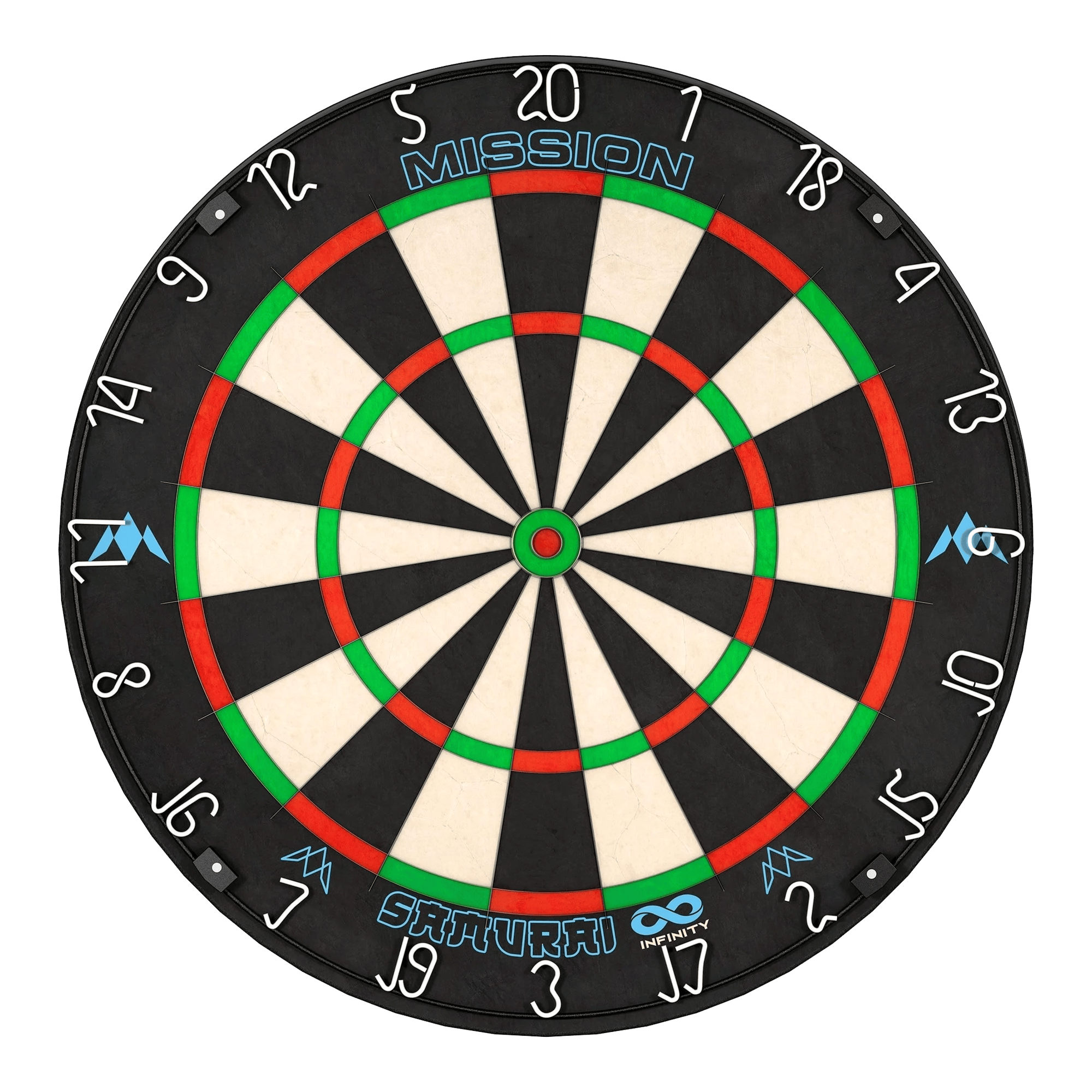 Ocelový terč Mission Samurai Infinity Das Bild zeigt eine Steeldartscheibe mit dem Namen "Mission Samurai Infinity". Die Scheibe ist schwarz-weiß mit roten und grünen Markierungen und hat weiße Zahlen am Rand.