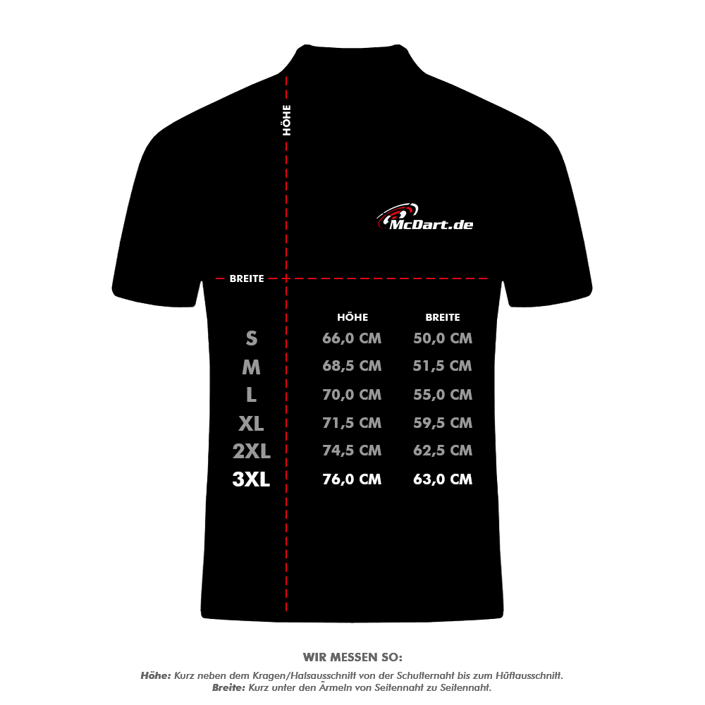 Winmau_Pro-Line_Hoodie_5_3XLjBb6Yx2L83KxD Das Bild zeigt ein schwarzes T-Shirt mit dem Logo "McDart.de" und einer Größentabelle für verschiedene Größen. Die Tabelle gibt die Maße für Höhe und Breite in Zentimetern von Größe S bis 3XL an.