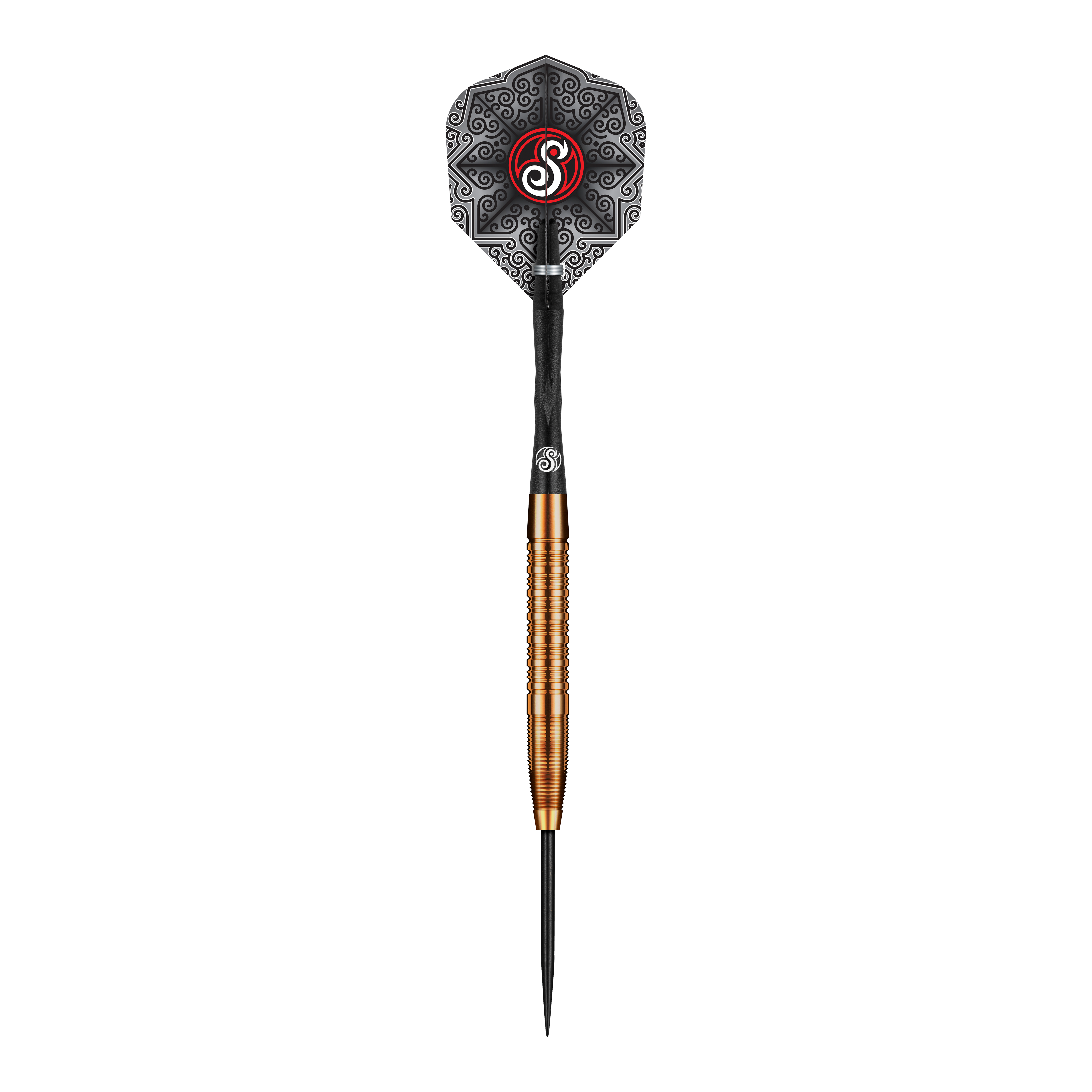 Šipky Shot Pro Series Jake Womack ocelové - 23g Das Bild zeigt den Shot Pro Series Jake Womack Steeldart mit einem Gewicht von 23 Gramm. Der Dart hat ein auffälliges schwarzes Flight-Design und einen goldfarbenen, gerillten Barrel.