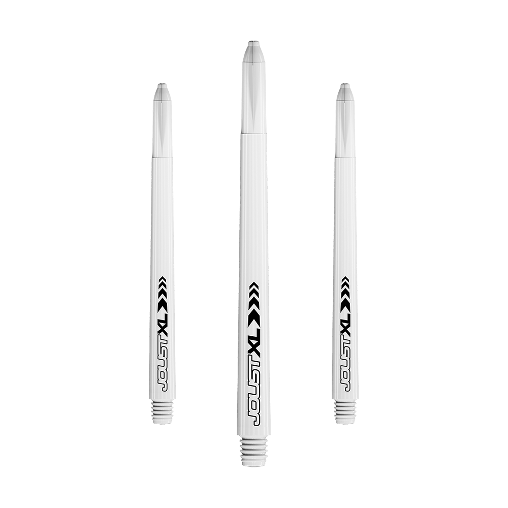 C817_Red_Dragon_Joust_XL_Shafts_Weiss_65mm_1 Das Bild zeigt drei weiße Dartschäfte des Modells "Red Dragon Joust XL Shafts" in der Länge 65 mm. Auf den Schäften ist der Schriftzug "Joust XL" in schwarz aufgedruckt.