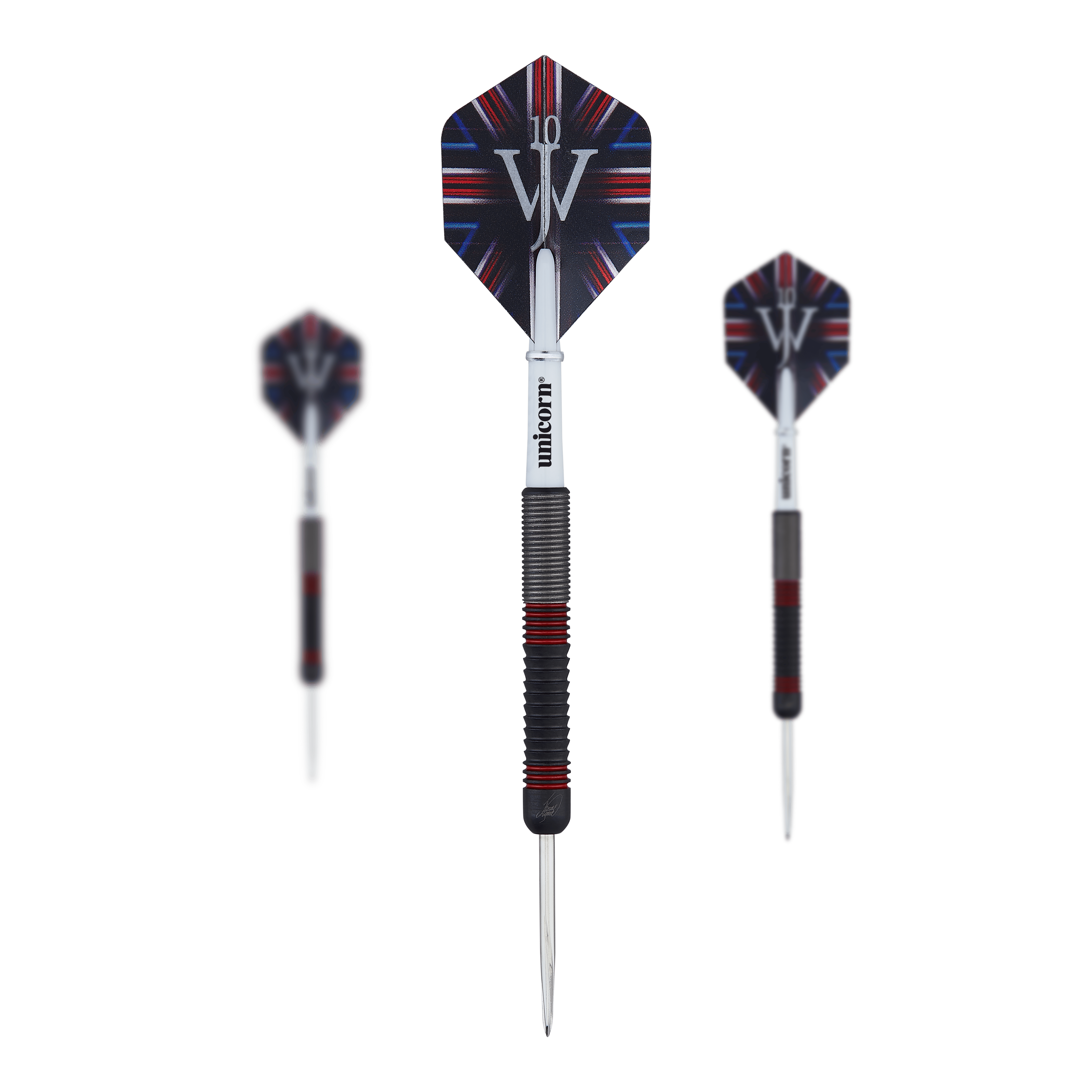 Šipky Unicorn The Machine James Wade z 80% oceli Das Bild zeigt drei Steeldarts des Produkts "Unicorn The Machine James Wade 80%". Die Darts haben schwarze und rote Details sowie Flights mit einem auffälligen Design und dem Schriftzug "JW".
