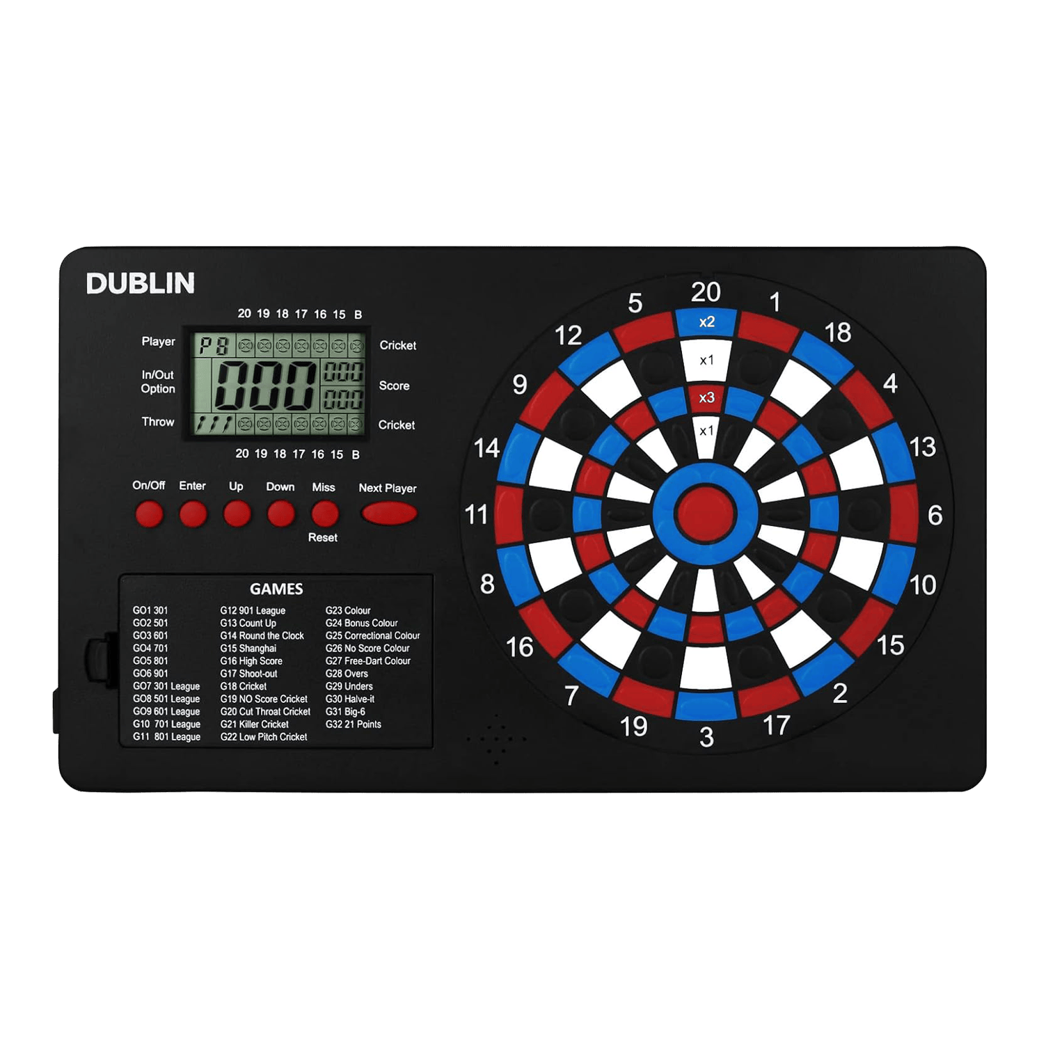 Počítadlo šipek XQMax Dublin Das Bild zeigt den "XQMax Dublin Dart Counter", ein elektronisches Dartspiel mit eingebautem Punktezähler. Links befindet sich ein digitales Display und Tasten zur Spielsteuerung, rechts das bunte Dartboard mit verschiedenen Zahlenfeldern.