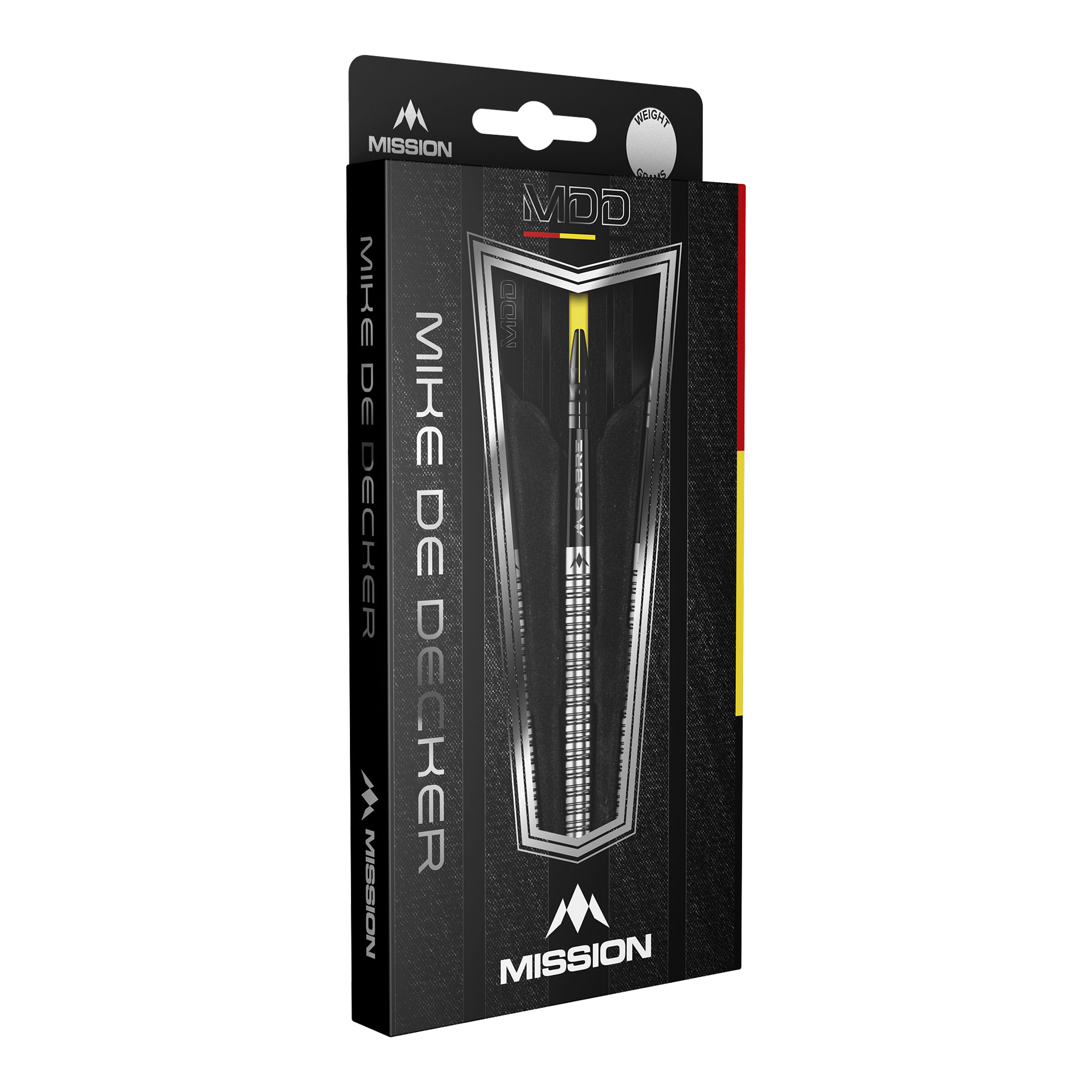 Die Abbildung zeigt die Verpackung der "Mission Mike De Decker MDD Silver Steeldarts". Auf der Schachtel sind der Markenname Mission und der Name Mike De Decker deutlich zu erkennen.
