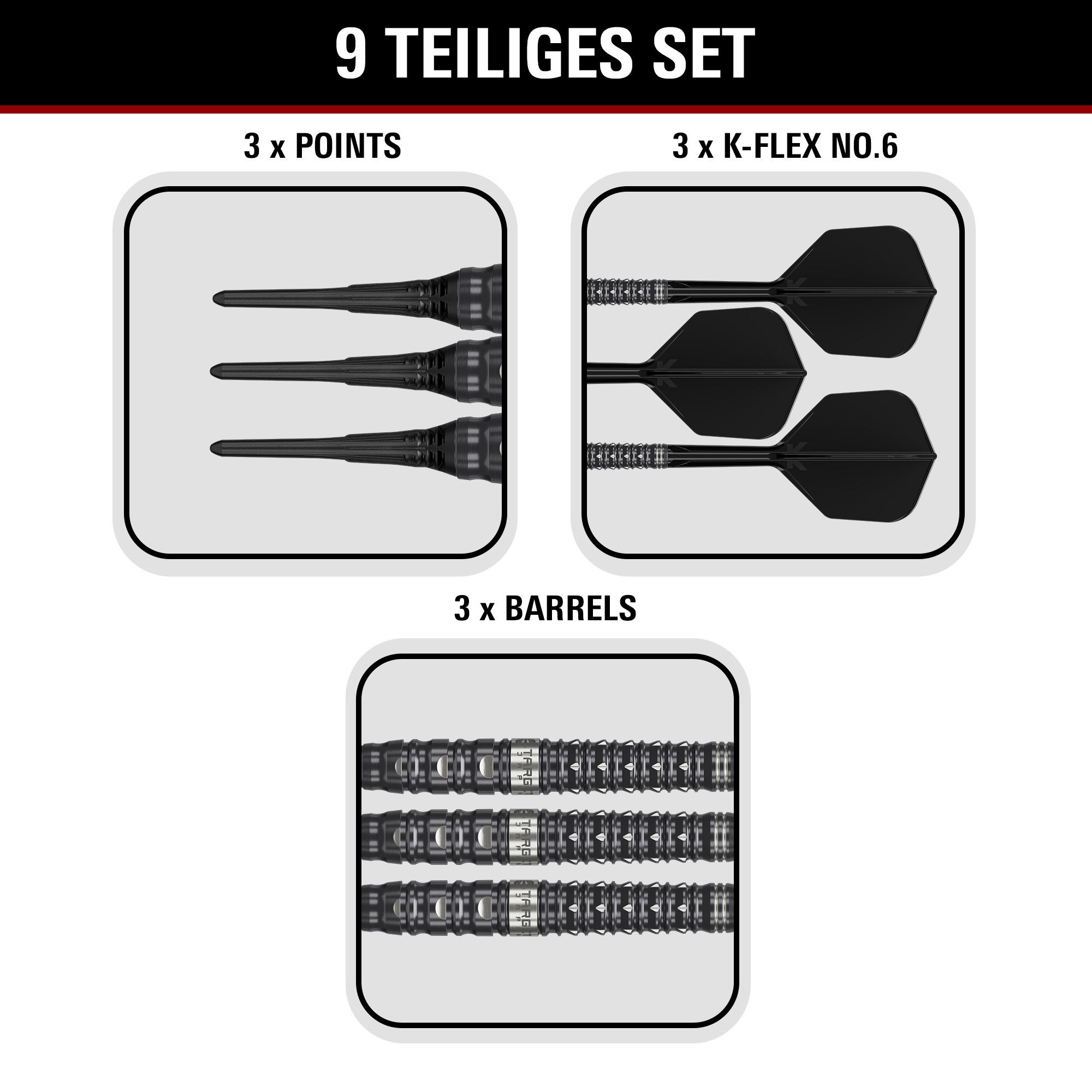 Target Black Marque Eclipse Softdarts mit 21g-Gewicht werden dargestellt. Das Produkt zeichnet sich durch ein elegantes schwarzes Design aus.