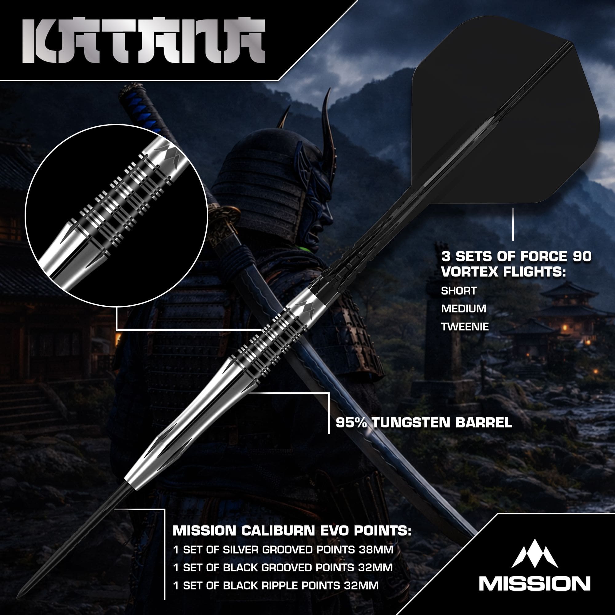 Šipky Mission Katana Steel Mission Katana Steeldarts werden präsentiert. Das Foto zeigt das Produkt detailliert für eine bessere Ansicht.
