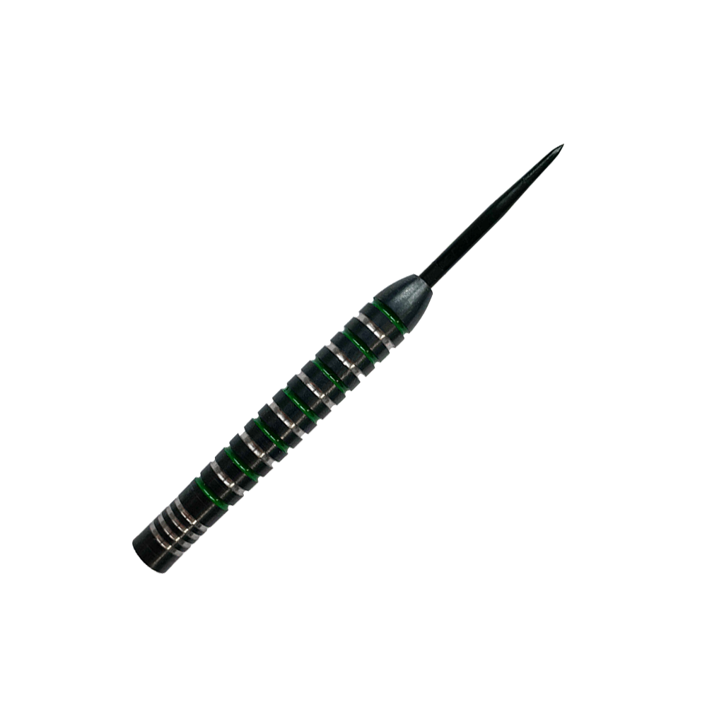 McDart stříbrnozelené ocelové sudy Das Bild zeigt einen McDart Silver Green Steeldart Barrel. Der Dart hat silberne und grüne Rillen und eine schwarze Spitze.
