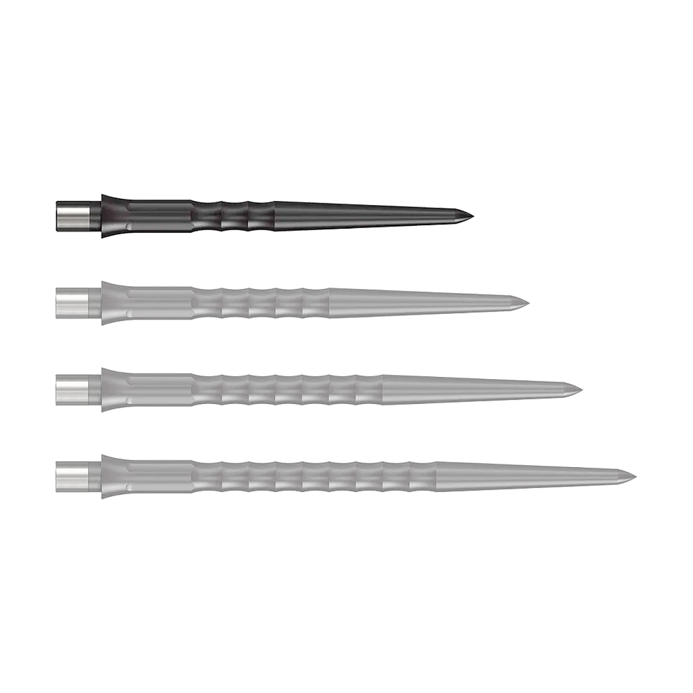 Mission Caliburn EVO System Steel Dart Tips - Ripple - NoLip - Black Abgebildet ist eine schwarze Steeldartspitze mit Ripple NoLip Design, 28 mm lang. Das Produkt gehört zum Caliburn Evo System.