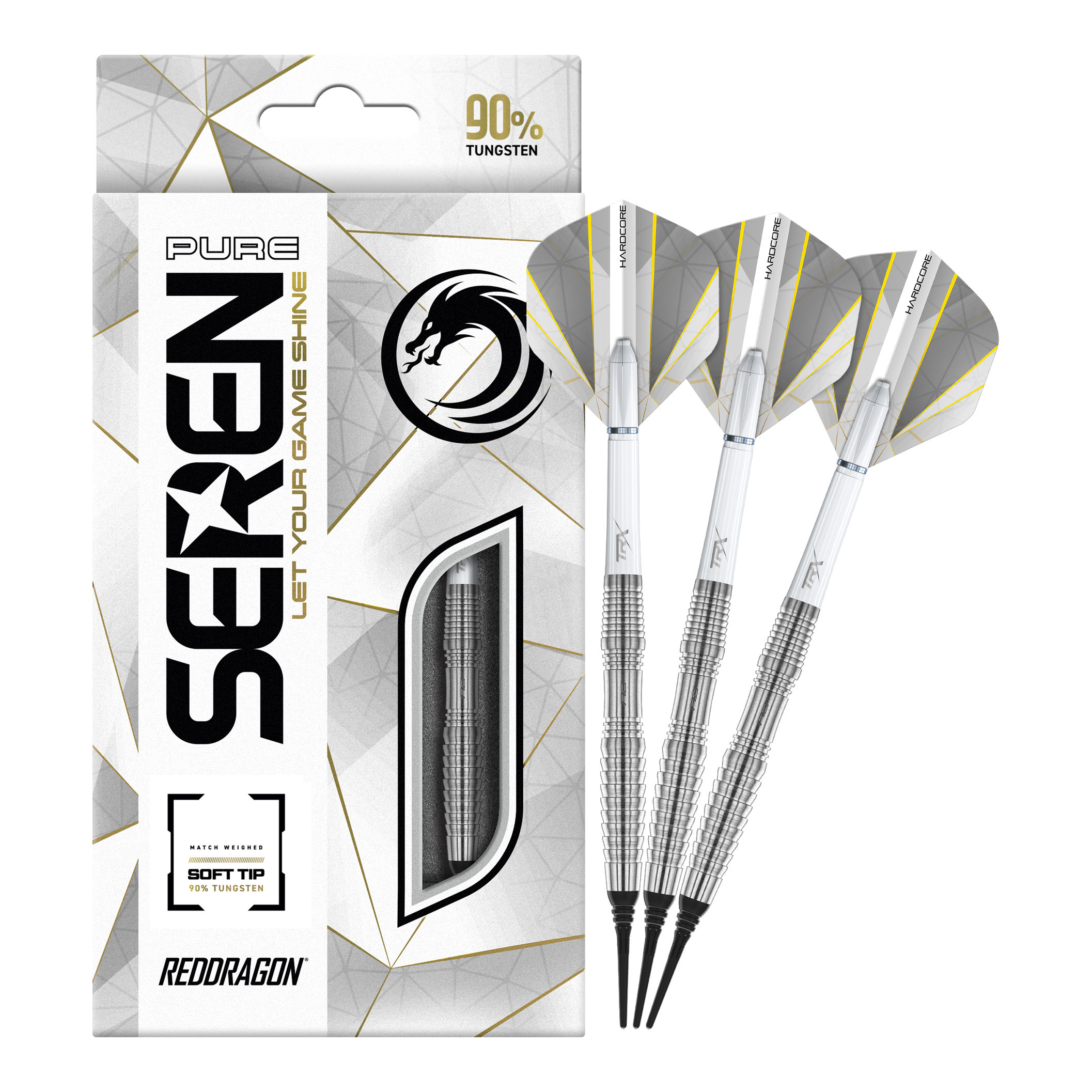 Šipky Red Dragon Seren 3 Pure Softdarts - 20g Das Bild zeigt die Red Dragon Seren 3 Pure Softdarts mit 20g Gewicht. Die Verpackung hebt hervor, dass die Darts zu 90% aus Tungsten bestehen.