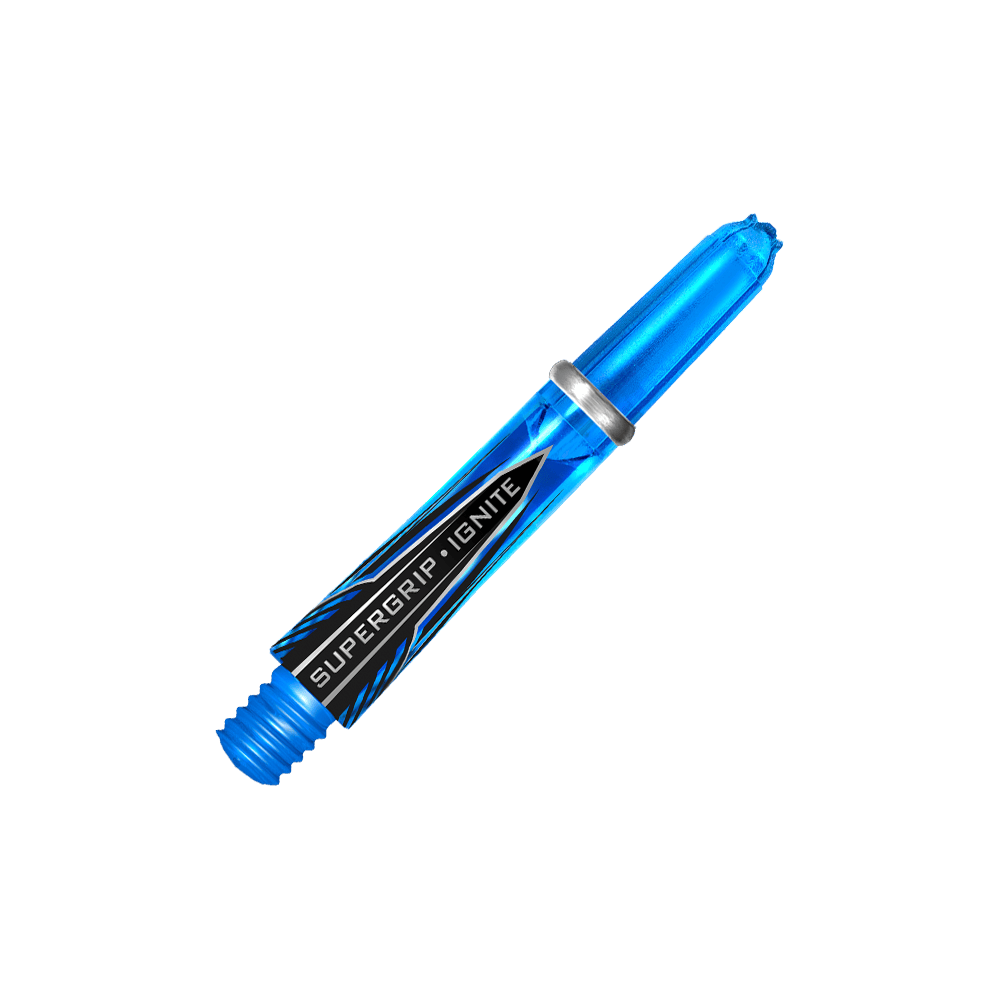 HR386_Harrows_Supergrip_Ignite_Shafts_Aqua_33mm_2 Das Bild zeigt das Produkt "Harrows Supergrip Ignite Shafts - Aqua". Es ist ein blauer, transparenter Dartshaft mit schwarzem Schriftzug und silbernem Ring.