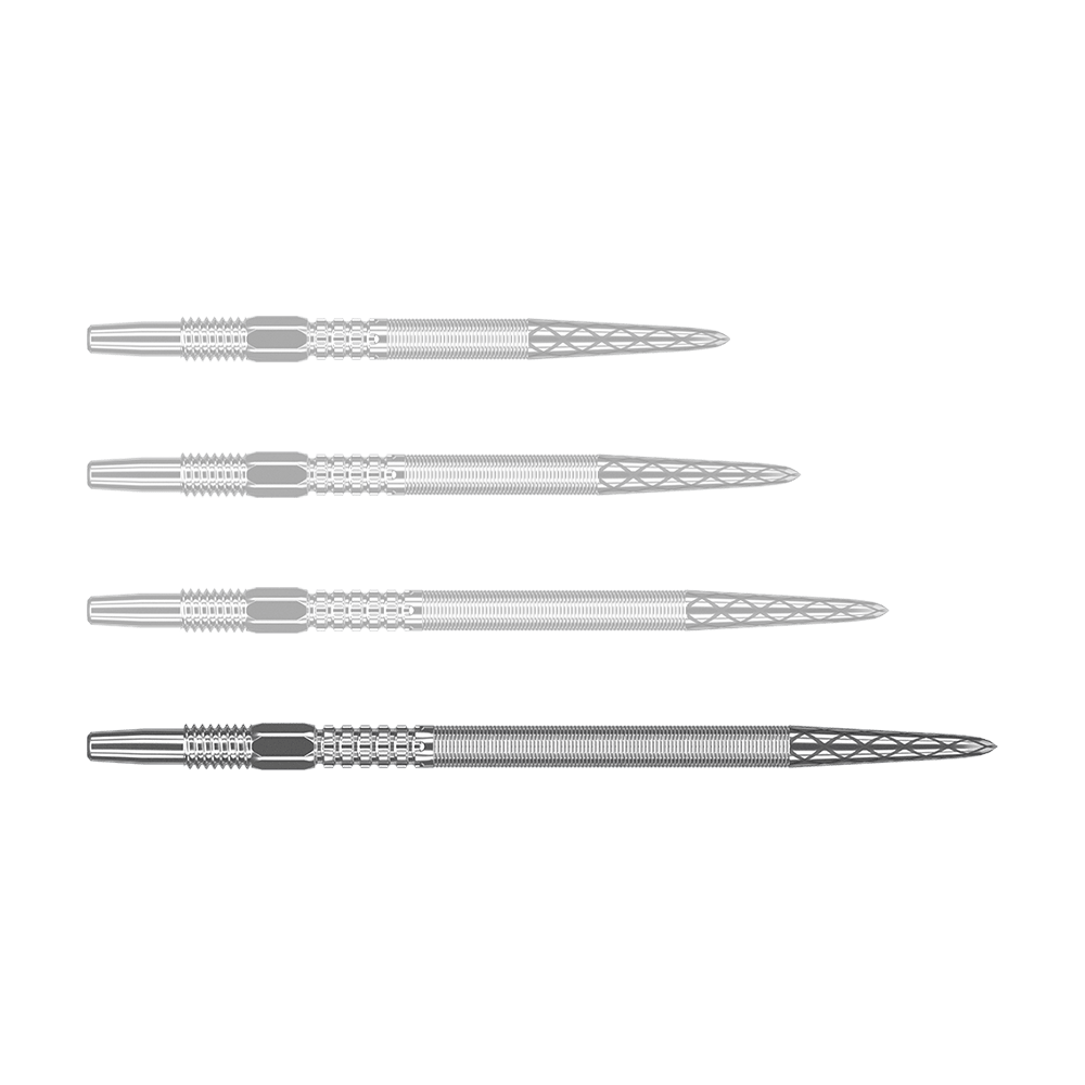 Šipkové hroty Target Swiss Point DX - Stříbrné Auf dem Bild sind vier silberne Dartspitzen in einer Reihe zu sehen. Die Spitzen haben ein geriffeltes Muster und eine spitz zulaufende Form.