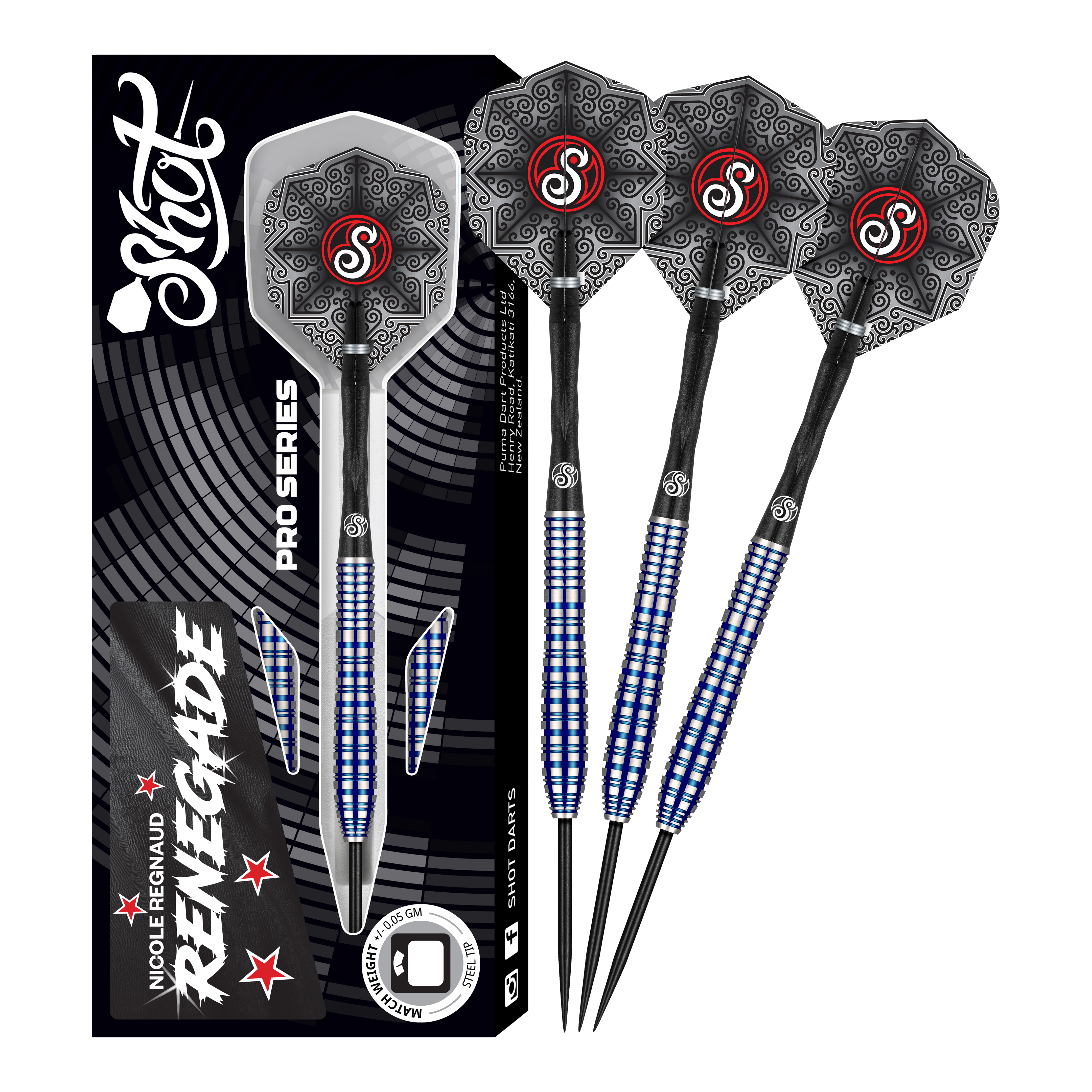 Das Bild zeigt das Produkt „Shot Pro Series Nicole Regnaud Renegade Steeldarts - 23g“ mit drei dekorativen Steeldarts. Die Darts haben schwarze Flights mit Mustern und blaue, gerillte Griffe.