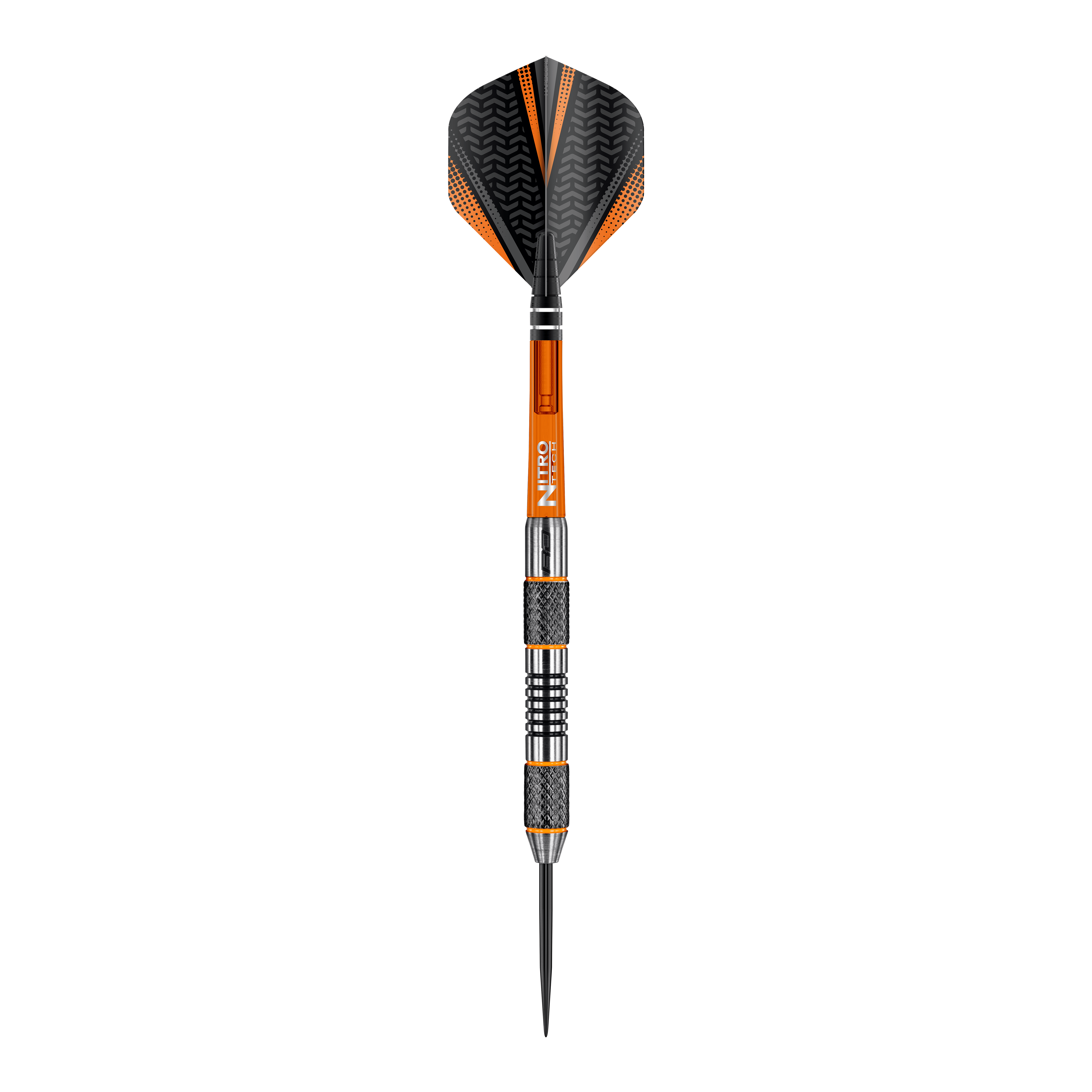 Red Dragon Amberjack 5 ocelových šipek - 24g Dies ist ein Steeldart der Marke Red Dragon, Modell Amberjack 5 mit einem Gewicht von 24 Gramm. Der Dart hat ein schwarzes und orangefarbenes Design mit metallischen und geriffelten Griffbereichen.