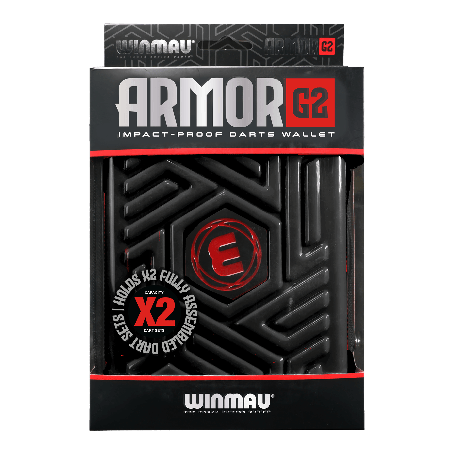 Peněženka Winmau Armor G2 Dart Dies ist eine schwarze, stoßfeste Darttasche der Marke Winmau namens "Armor G2". Sie bietet Platz für zwei komplett montierte Dart-Sets.