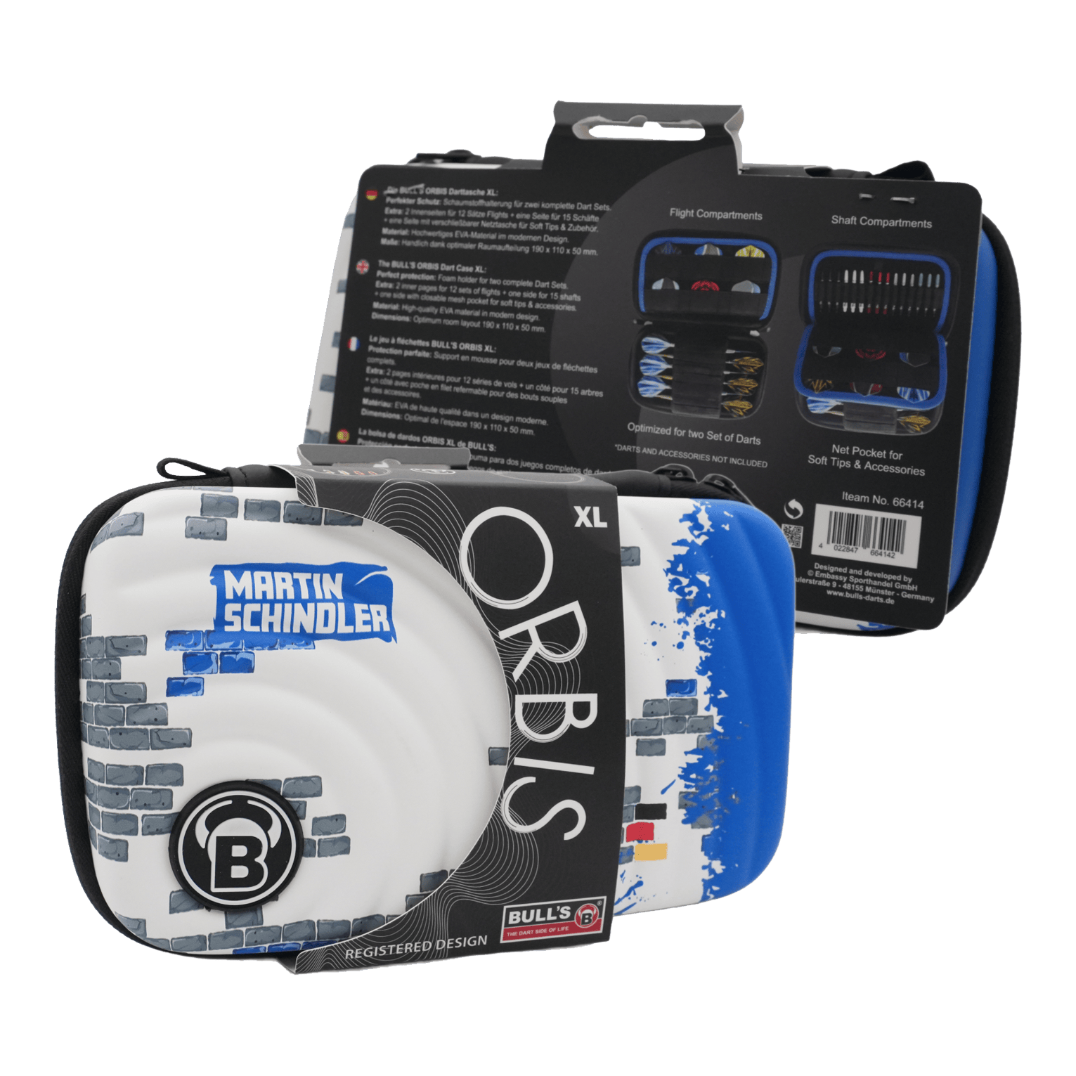 Pouzdro na šipky Bulls Orbis XL Martin Schindler Das Bild zeigt das Produkt "Bulls Orbis XL Martin Schindler Dartcase". Das Dartcase ist weiß mit blauen und grauen Designelementen und bietet Platz für zwei Dart-Sets.