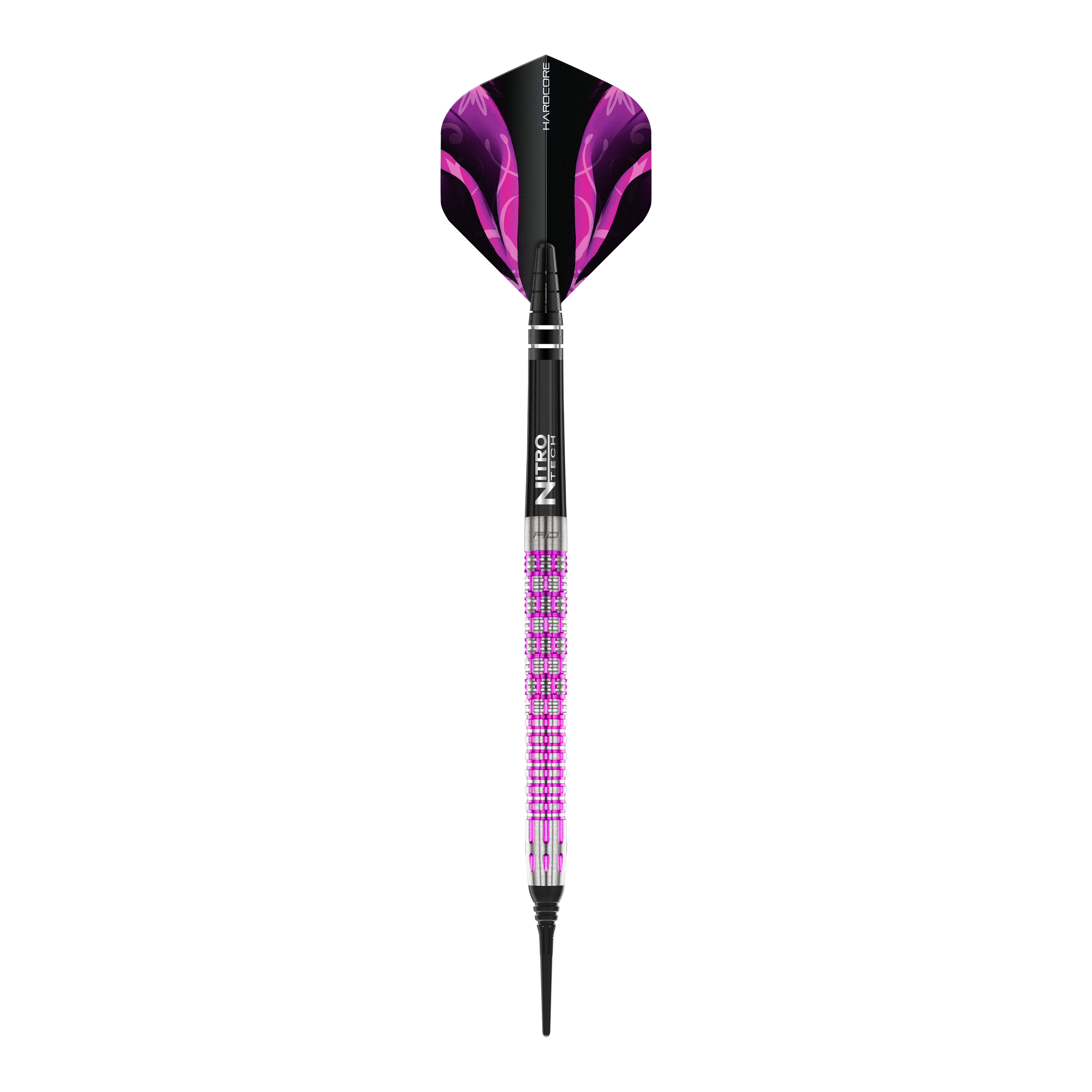 Red Dragon Tyrian Softdarts - 22g Auf dem Bild ist der Red Dragon Tyrian Softdart mit einem Gewicht von 22g zu sehen. Der Dart hat ein auffälliges Design mit lila und pinken Akzenten.