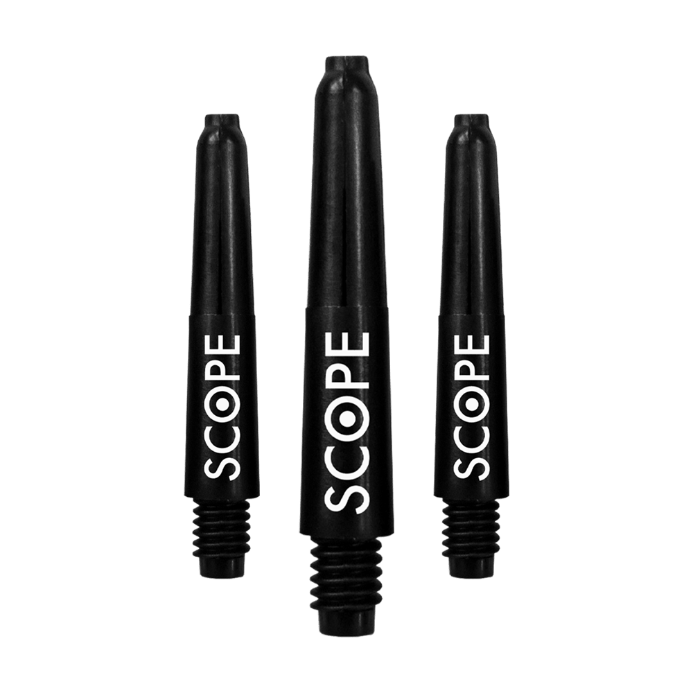 520_McDart_Scope_Nylon_Shafts_Schwarz_28mm_137xfLPXNJlWWZ Das Bild zeigt drei schwarze McDart Scope Nylon Shafts für Darts. Auf jedem Shaft steht das Wort "SCOPE" in weißer Schrift.