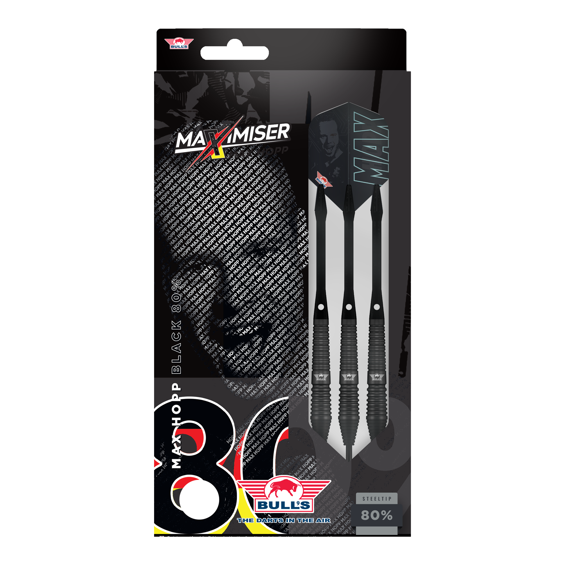 Auf dem Bild sind Bulls NL Max Hopp Black Steeldarts zu erkennen. Die Darts werden einzeln und detailliert gezeigt.