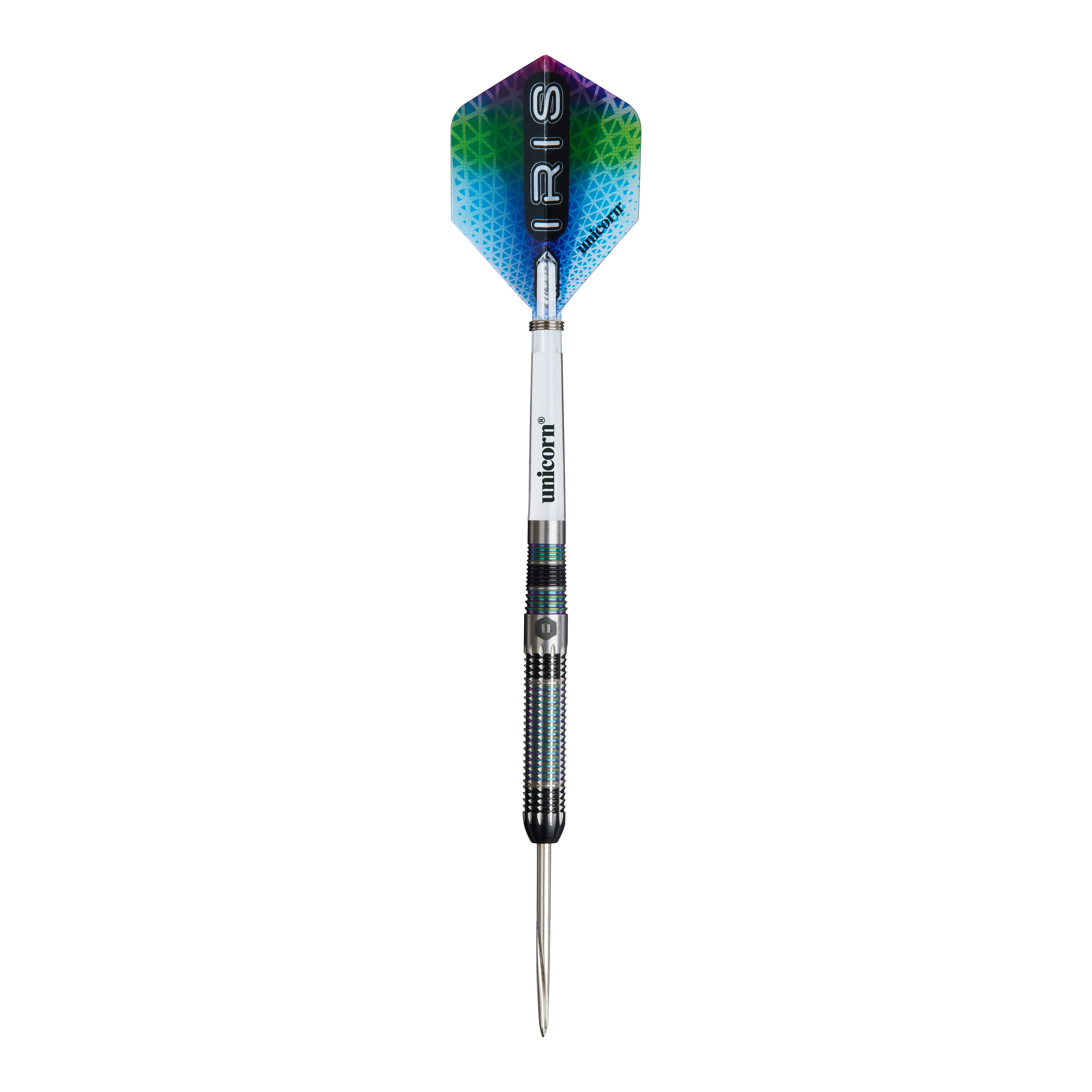 Ocelové šipky Unicorn Iris Das Bild zeigt einen Steeldart namens "Unicorn Iris". Der Dart hat einen bunten Flight mit dem Schriftzug "IRIS" und einen metallischen Schaft.