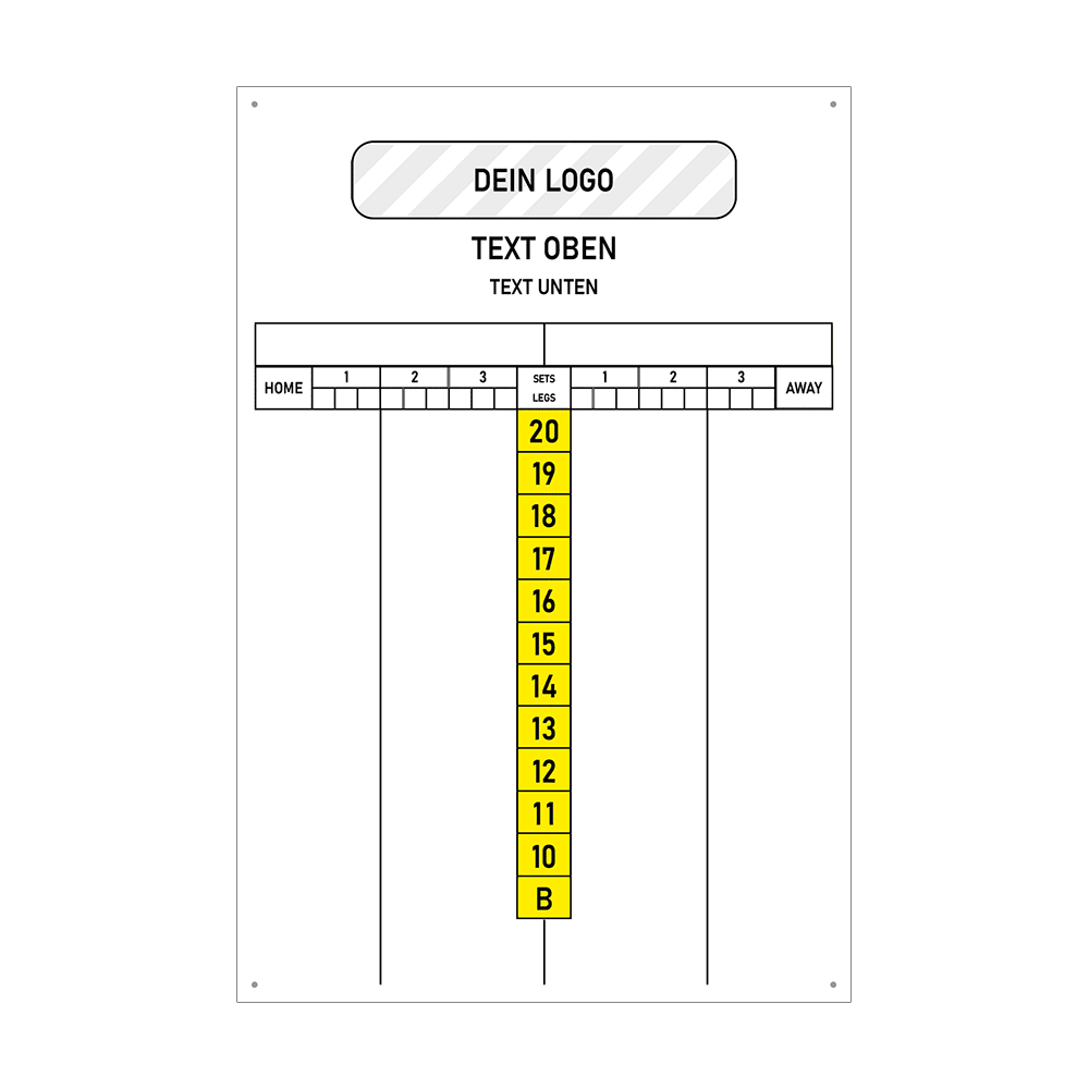 INSCORE3_Scoreboard_mit_Wunschdruck_40x60cm_Gelb_3 Das Bild zeigt ein Scoreboard mit den Maßen 40 x 60 cm, auf dem Platz für ein individuelles Logo und eigenen Text oben vorhanden ist. In der Mitte befinden sich gelbe Zahlenkärtchen von 10 bis 20 und ein "B" zur Anzeige des Spielstandes.