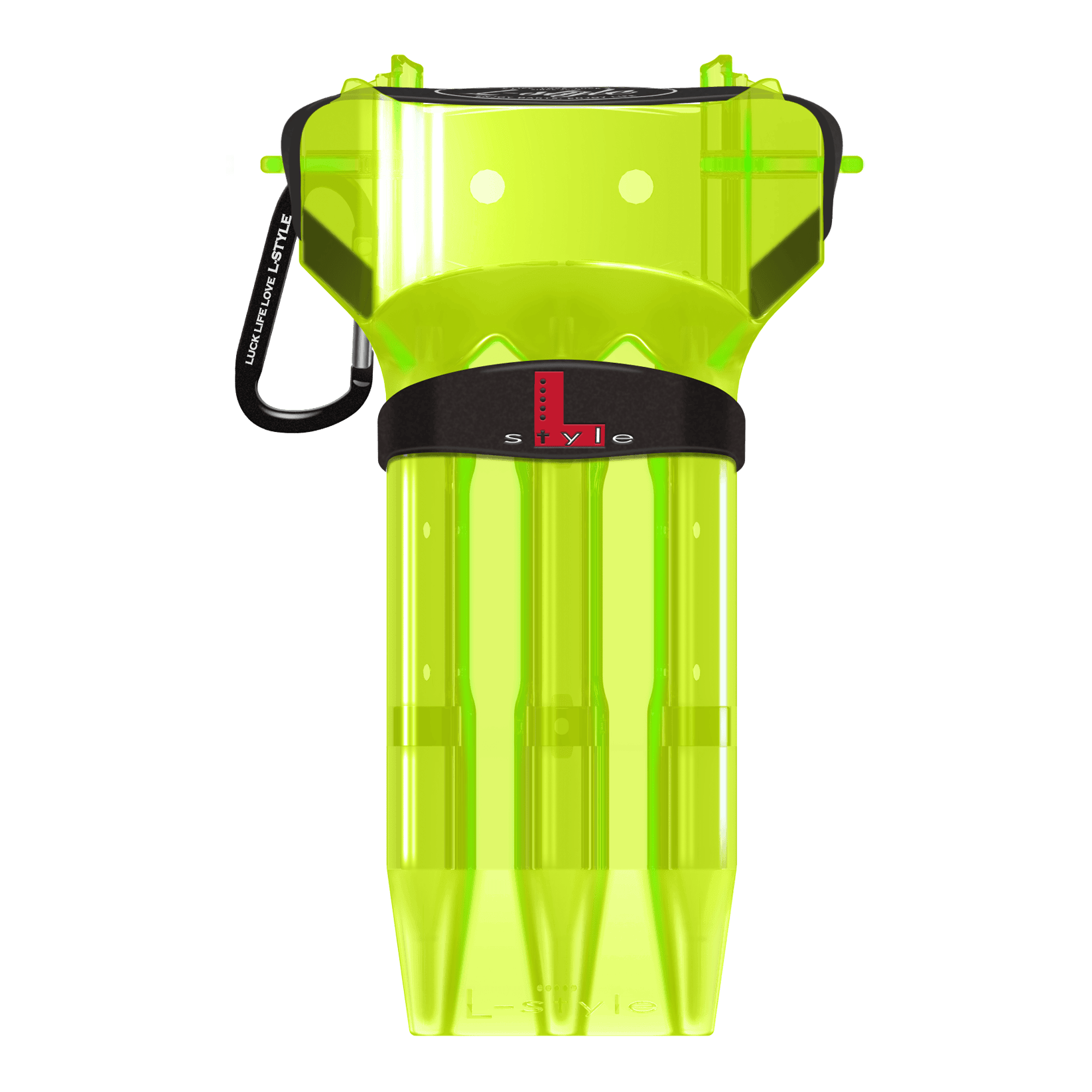 Das Bild zeigt ein neon-gelbes Dartcase von L-Style. Das Case hat einen schwarzen Verschluss und ist durchsichtig gestaltet.