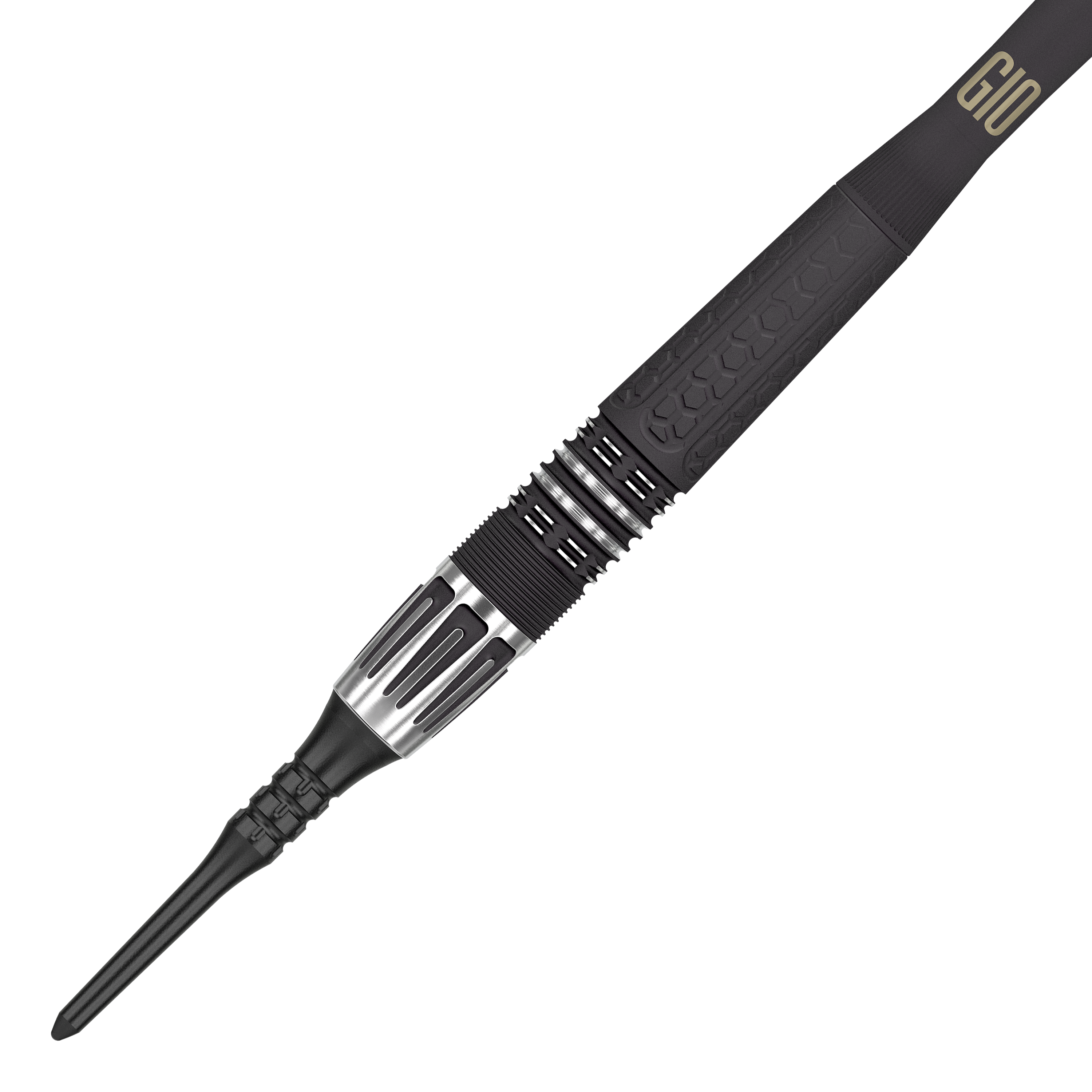 Měkké šipky Target Phil Taylor Power 9Five GEN10 Das Bild zeigt einen modernen Softdartpfeil mit schwarzem und silbernem Design. Auf dem Griffstück steht die Aufschrift "G10".