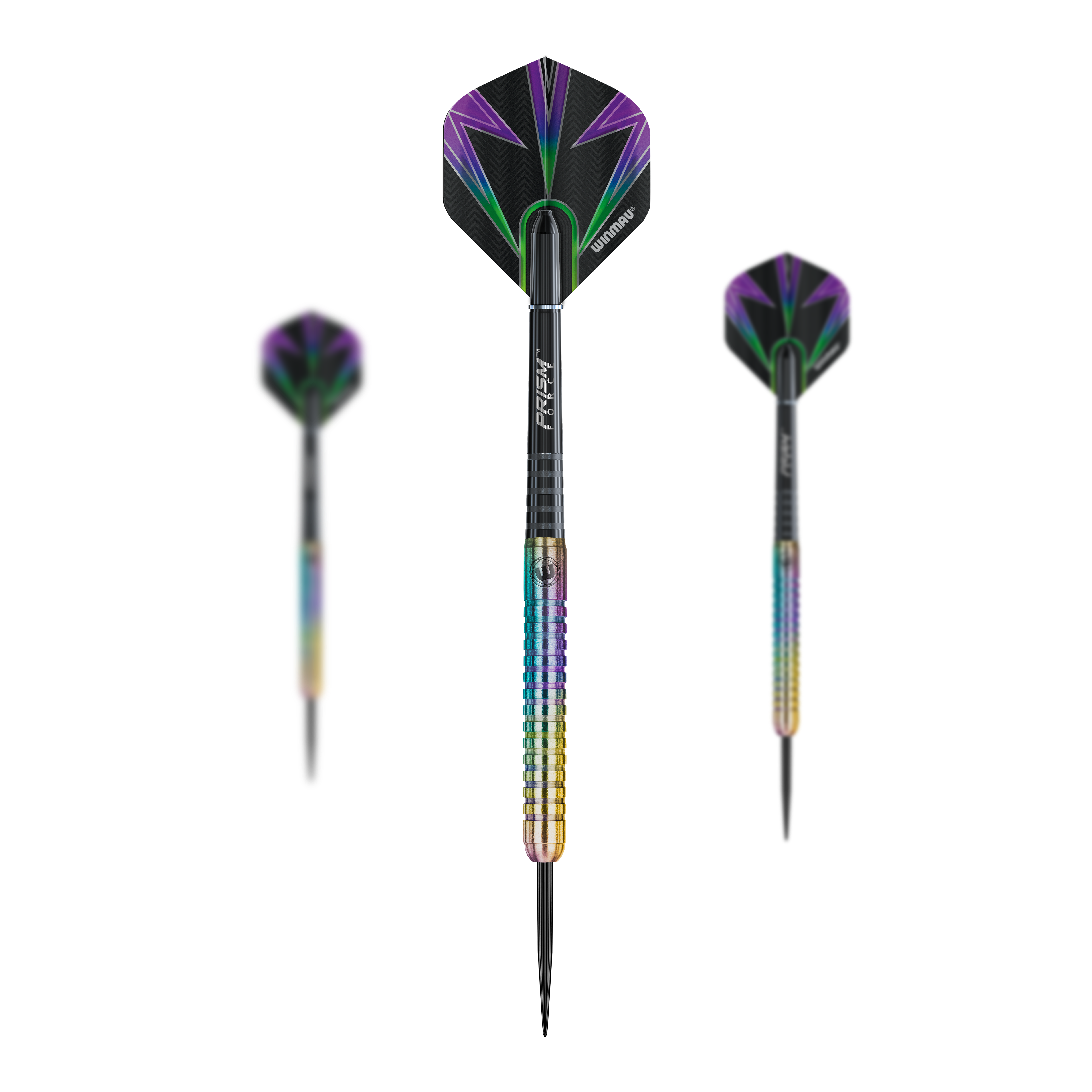 Ocelové šipky Winmau Foxfire Urban Das Bild zeigt drei Winmau Foxfire Urban Steeldarts mit farbenfrohen Schäften und schwarzen Flights mit lila und grünen Mustern. Die Darts haben metallische Spitzen und ein modernes, auffälliges Design.